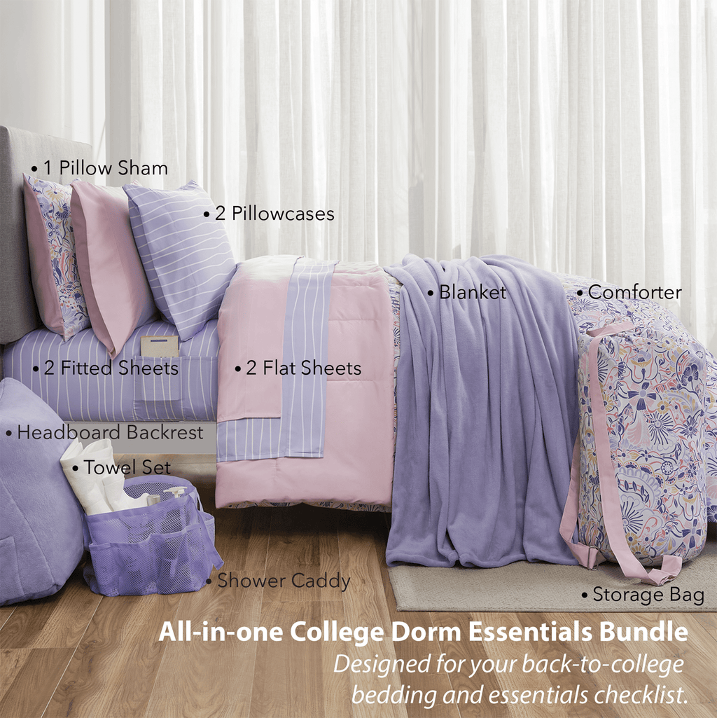 Heavyweight Warmth 14pc College Dorm Essentials Bundle, Twin-XL, Reversible Bed in a Bag Comforter Set, Purple Floral - Luxurious Quilted Duvet Cover Set Detail