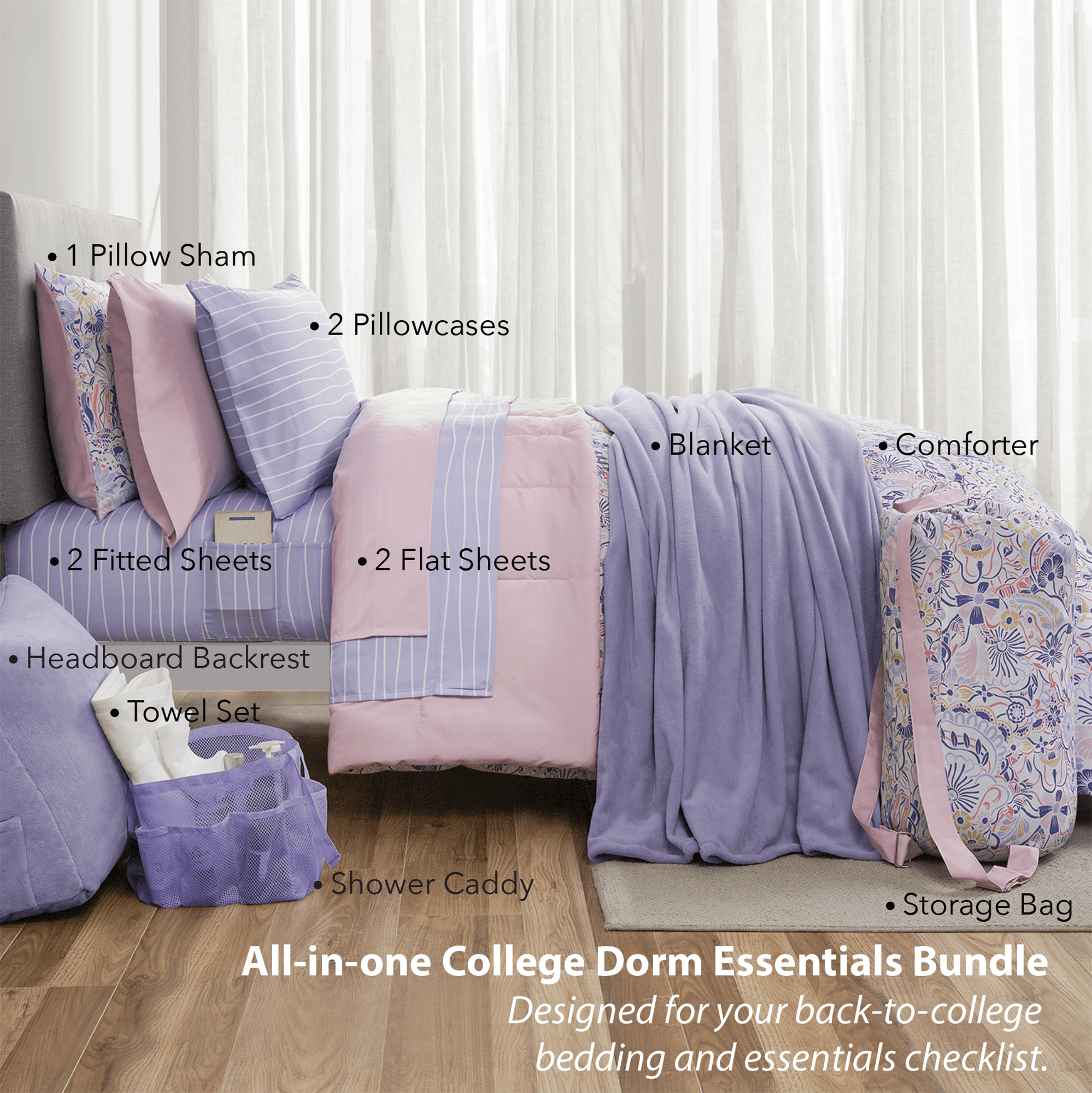 Heavyweight Warmth 14pc College Dorm Essentials Bundle, Twin-XL, Reversible Bed in a Bag Comforter Set, Purple Floral - Luxurious Quilted Duvet Cover Set Detail