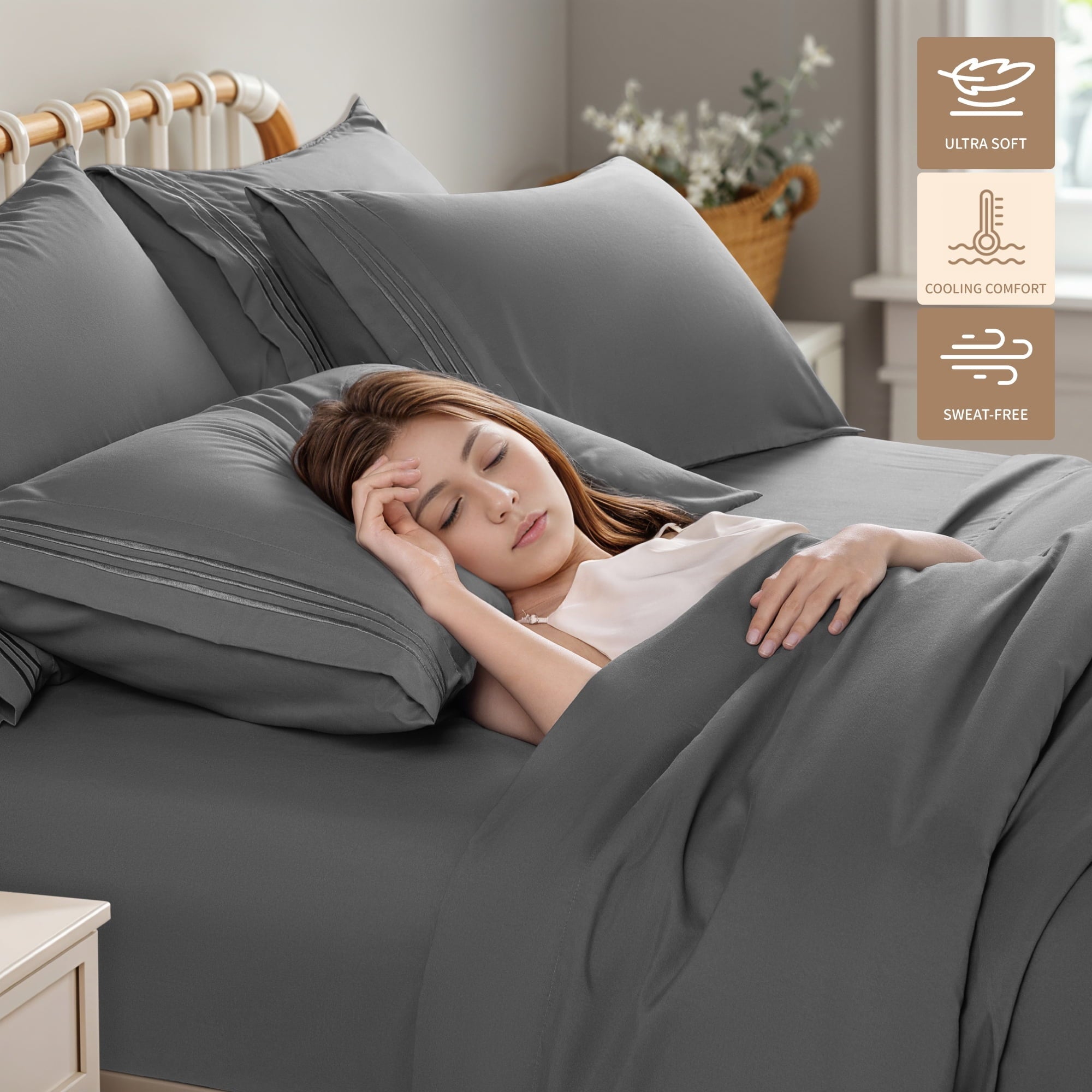 Premium Egyptian Cotton 6 Pieces Bed Sheet Set, 1800 Series Soft Microfiber Queen Sheets with 16" Deep Pocket, Dark Gray - Cooling Hotel Quality Bedding Sheets and Pillowcases Detail