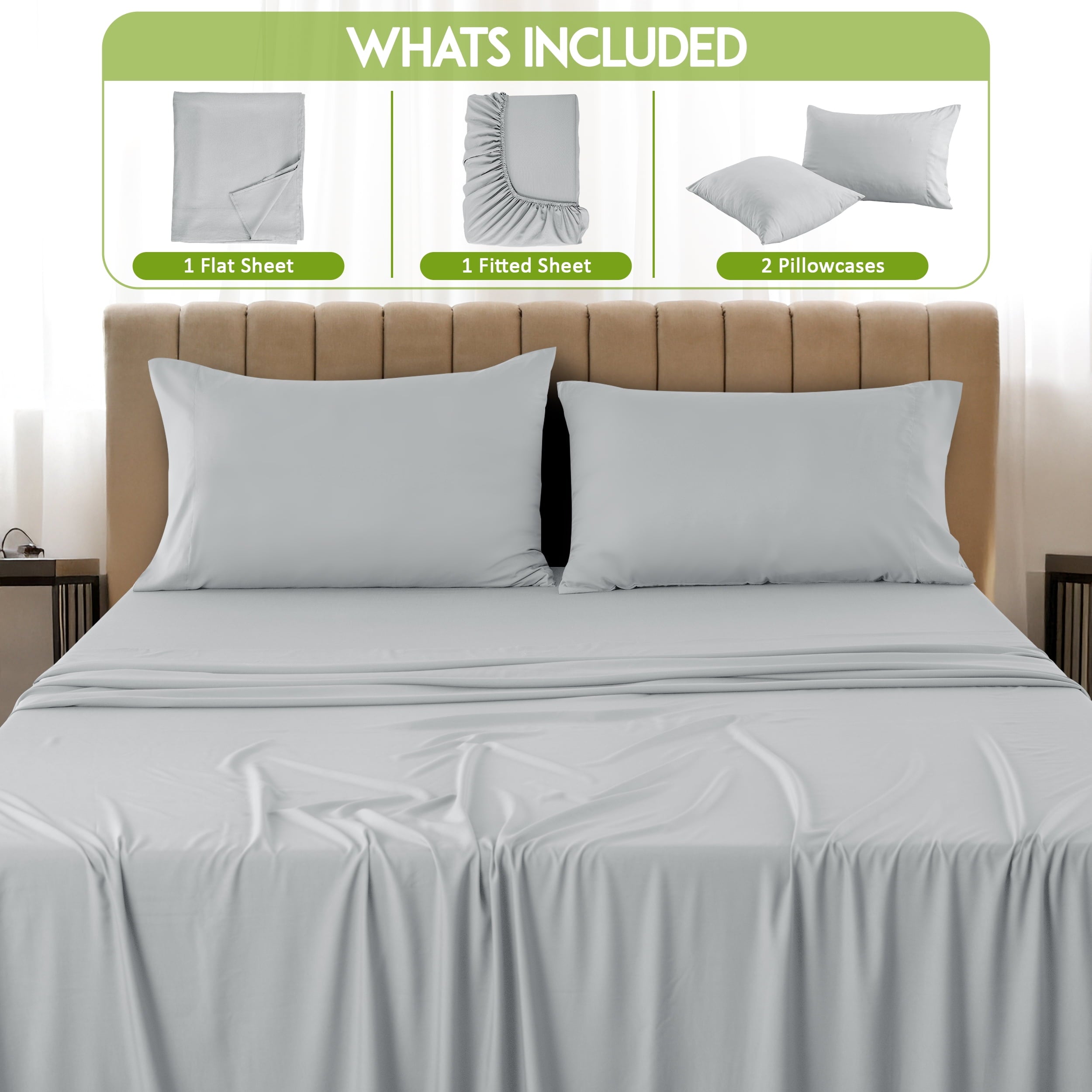 Ultra-Soft Rayon - 4 Piece Cooling Bed Sheets Set, Gray - Luxury Bed Sheet Set with Deep Pockets Detail