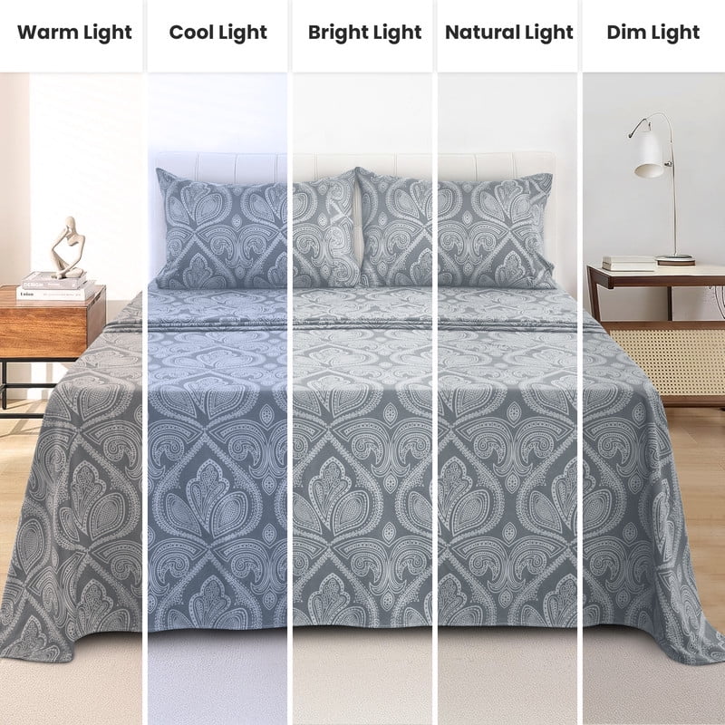Wrinkle-Resistant Lux Decor 4 Piece Queen Sheet Set, Brushed Microfiber Paisley Printed Bed Sheet Set with up to 16" Deep Pocket Fitted... - Luxury Bed Sheet Set with Deep Pockets Detail