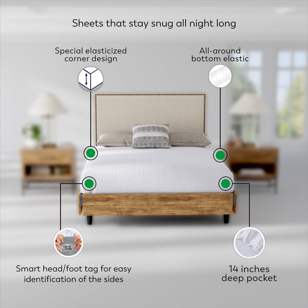 Breathable Luxury Soft Finish Microfiber Percale Queen Bed Sheet Set – 4-Piece Lightweight, Wrinkle-Resistant, Quick-Dry, Light Gray - Cooling Hotel Quality Bedding Sheets and Pillowcases Detail