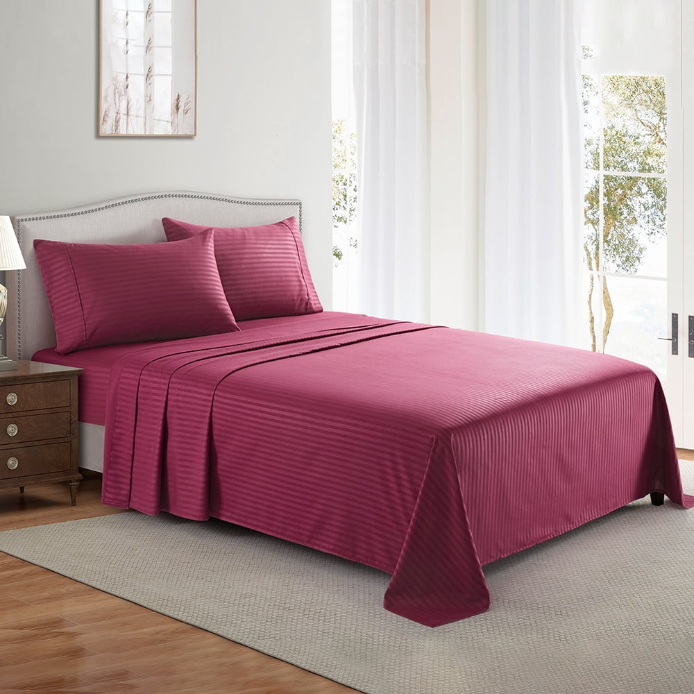 Ultra-Soft Bedding Set with Flat Sheet, Fitted Bed Sheet & Pillowcases, Full Burgundy - Breathable Egyptian Cotton Flat & Fitted Sheets Detail