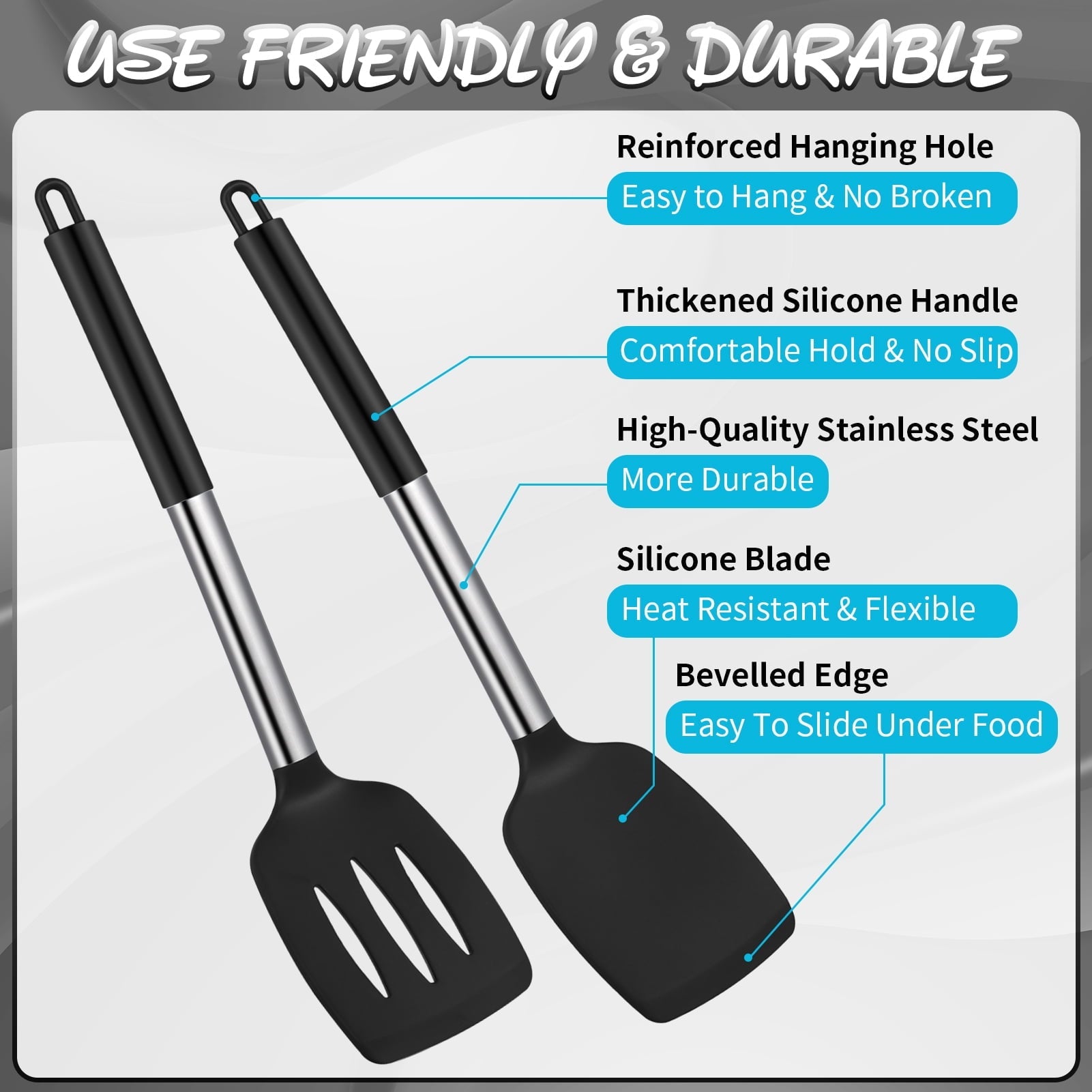 Seamless One-Piece Silicone Cooking Spatulas and Spoons, 4 Pack Heat Resistant Silicone Cooking Utensils Set, Non-stick Large Ki... - Durable Turner & Ladle Utensil Set for Home Chefs Detail
