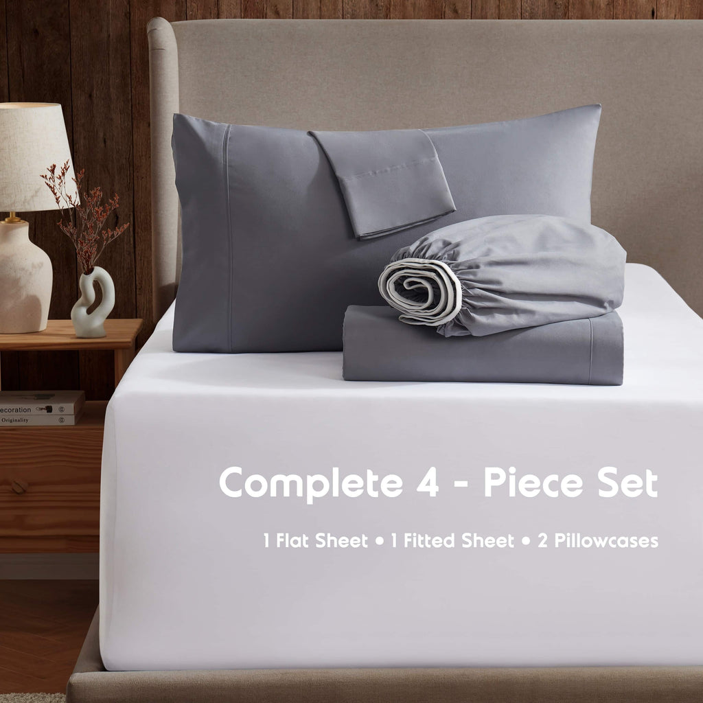 Wrinkle-Resistant Queen Sheets Set, 1800 Series 4 Piece Sheets , Luxury Soft Microfiber Queen Size Bed Sheets Set, Gray - Premium Ultra-Soft Pillowcase Pair for Sleeping Detail