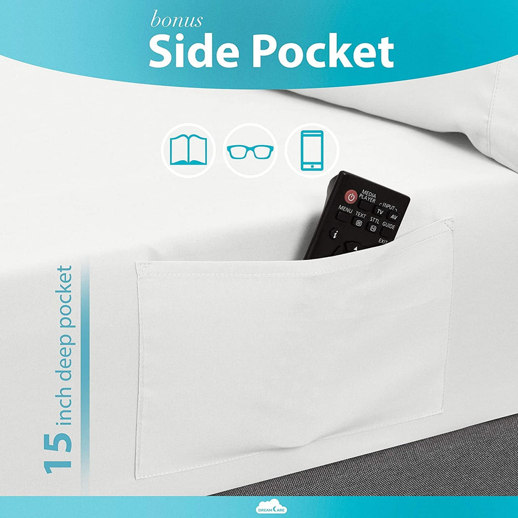Wrinkle-Resistant Bed Sheets Set - Queen Size Sheet with Side Pocket - 4pcs Set, 15 inches, White - Premium Ultra-Soft Pillowcase Pair for Sleeping Detail