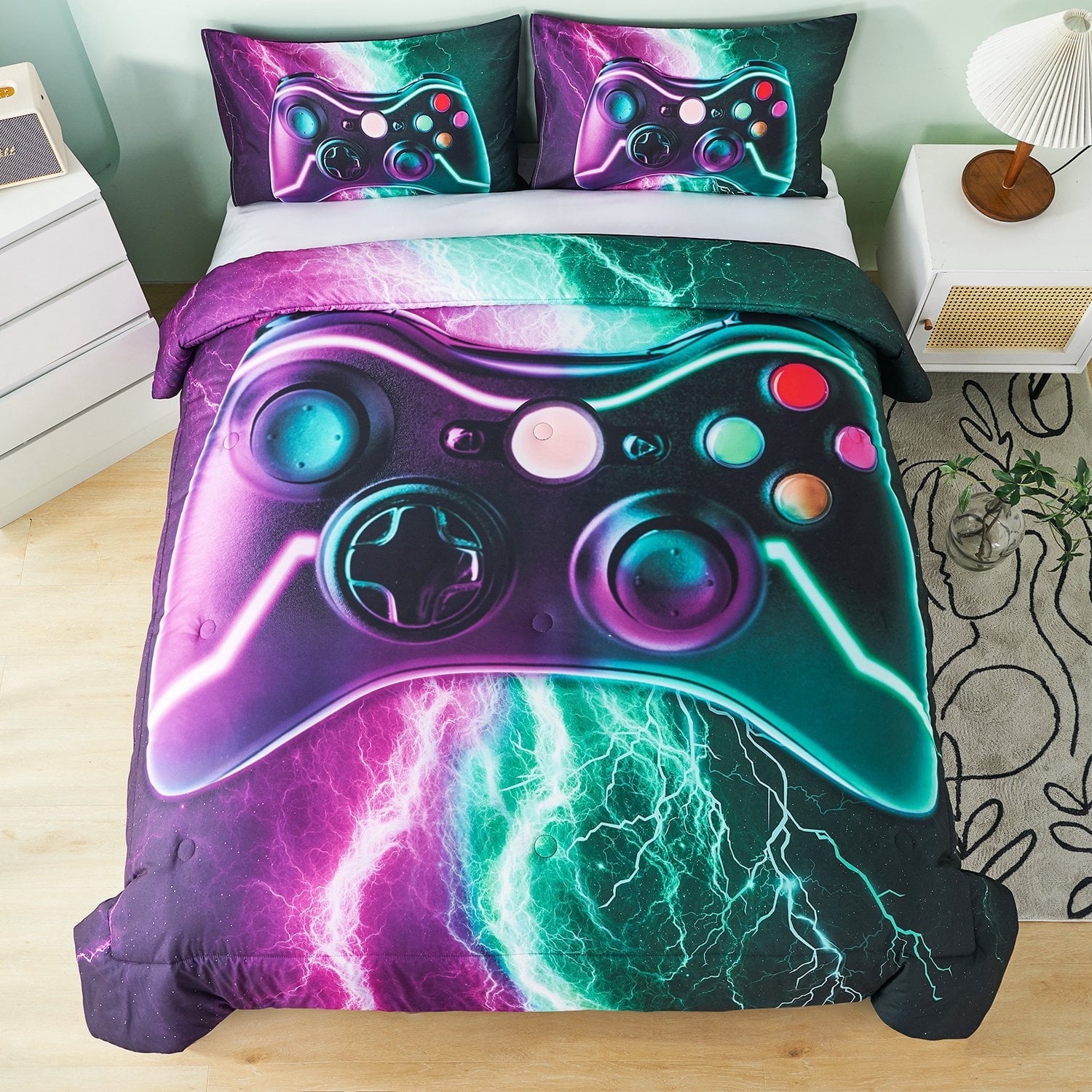 Luxurious Quilted Queen Size Gaming Comforter Set for Boys,3-Piece 3D Green Purple Lightning Game Controller Bedding Set for Kids Teens - Cloud-Like Soft Lightweight Bed Comforter Detail