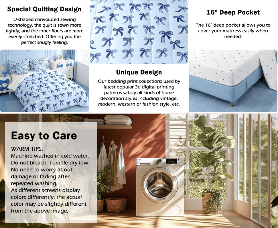 Luxurious Quilted Cute Bowknot Twin Bedding Sets 7-Piece,Girls Ribbon Bow Bedding Comforter Set,Dreamy Blue Sheet Sets For Girls,Super ... - Hypoallergenic Ultra-Fluffy Quilt for Winter Detail
