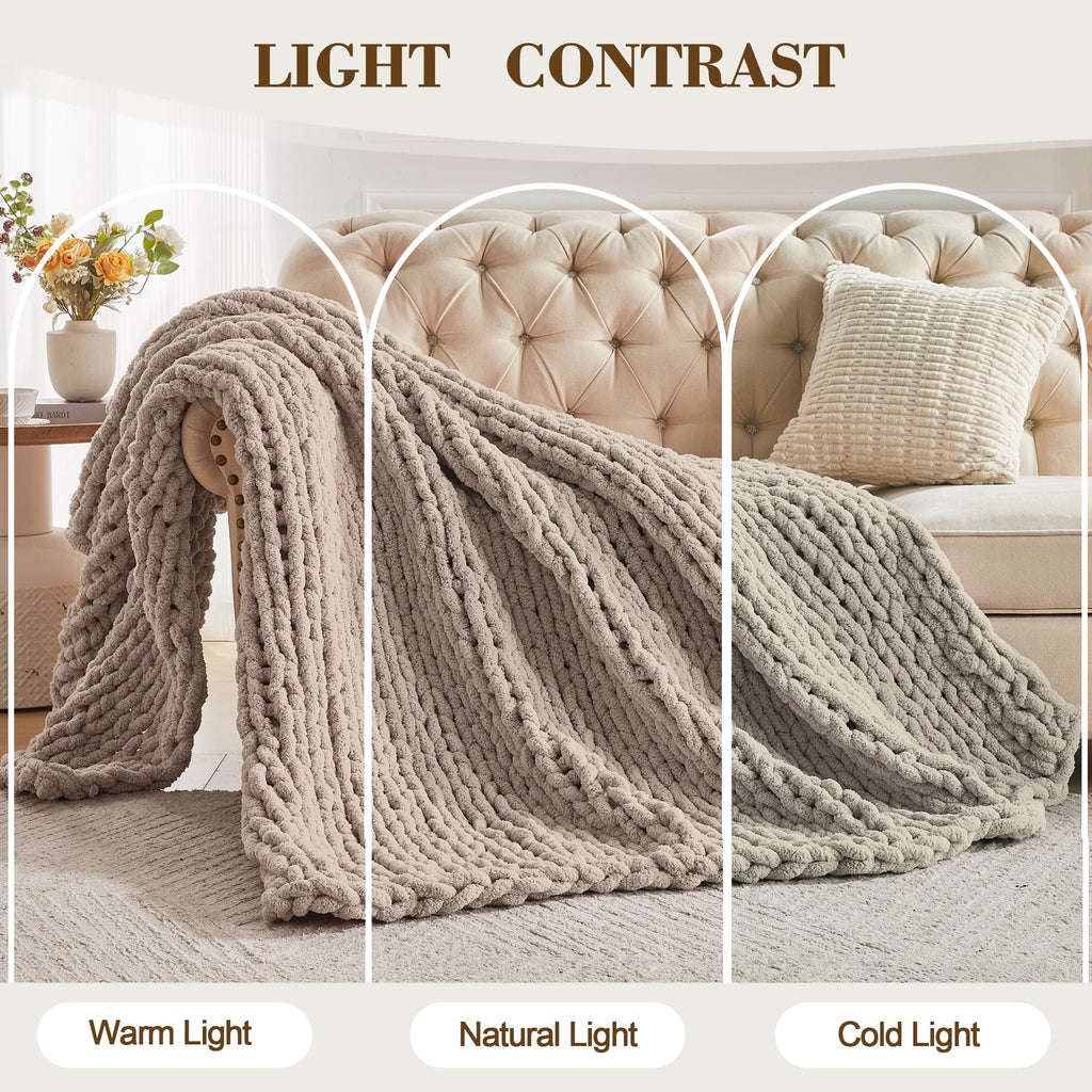 Lightweight Warm Chunky Knit Throw Blanket Handmade Soft Throws for Couch Sofa Bed, 50" x 60" Taupe - Super Soft Reversible Sherpa Flannel Blanket Detail