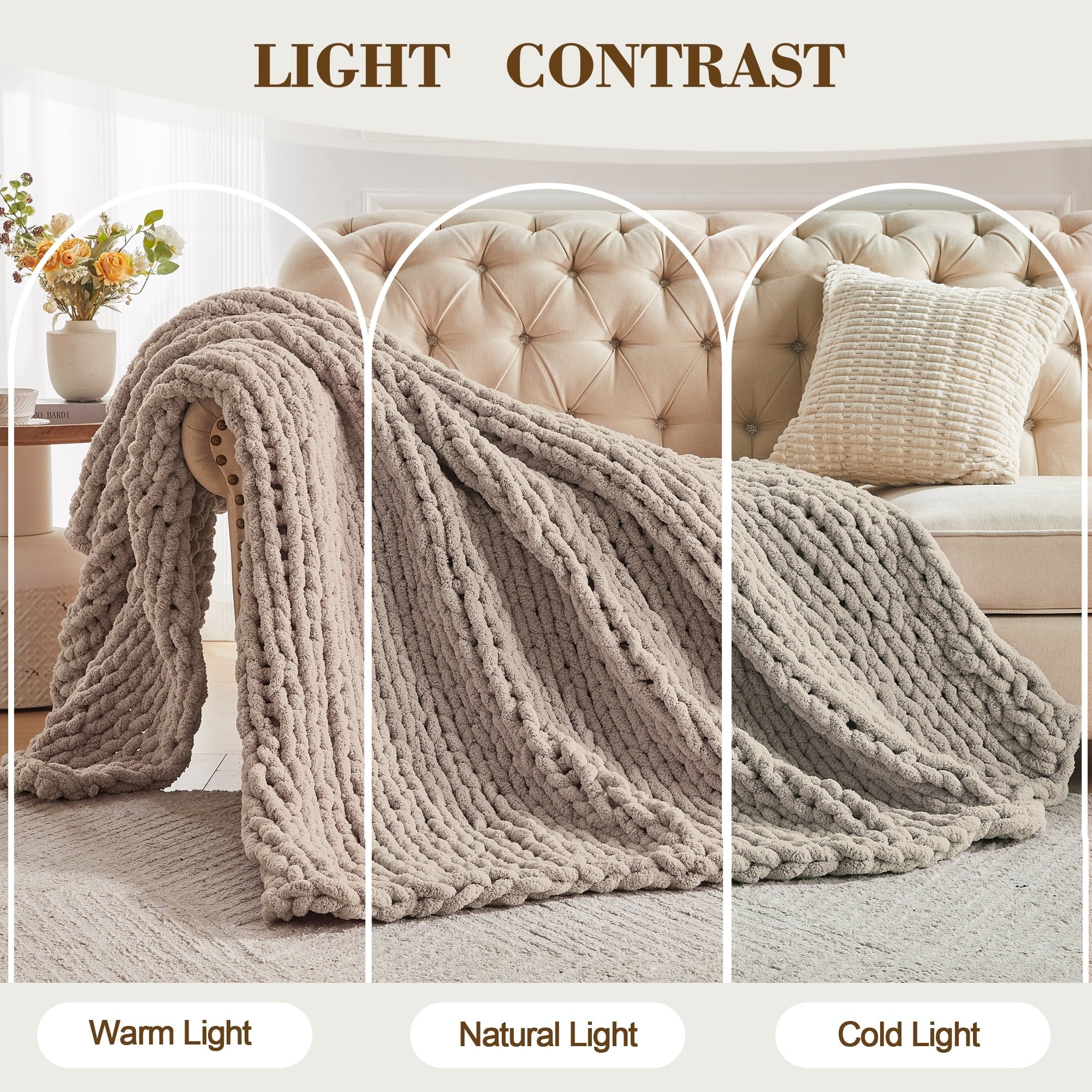 Lightweight Warm Chunky Knit Throw Blanket Handmade Soft Throws for Couch Sofa Bed, 50" x 60" Taupe - Super Soft Reversible Sherpa Flannel Blanket Detail