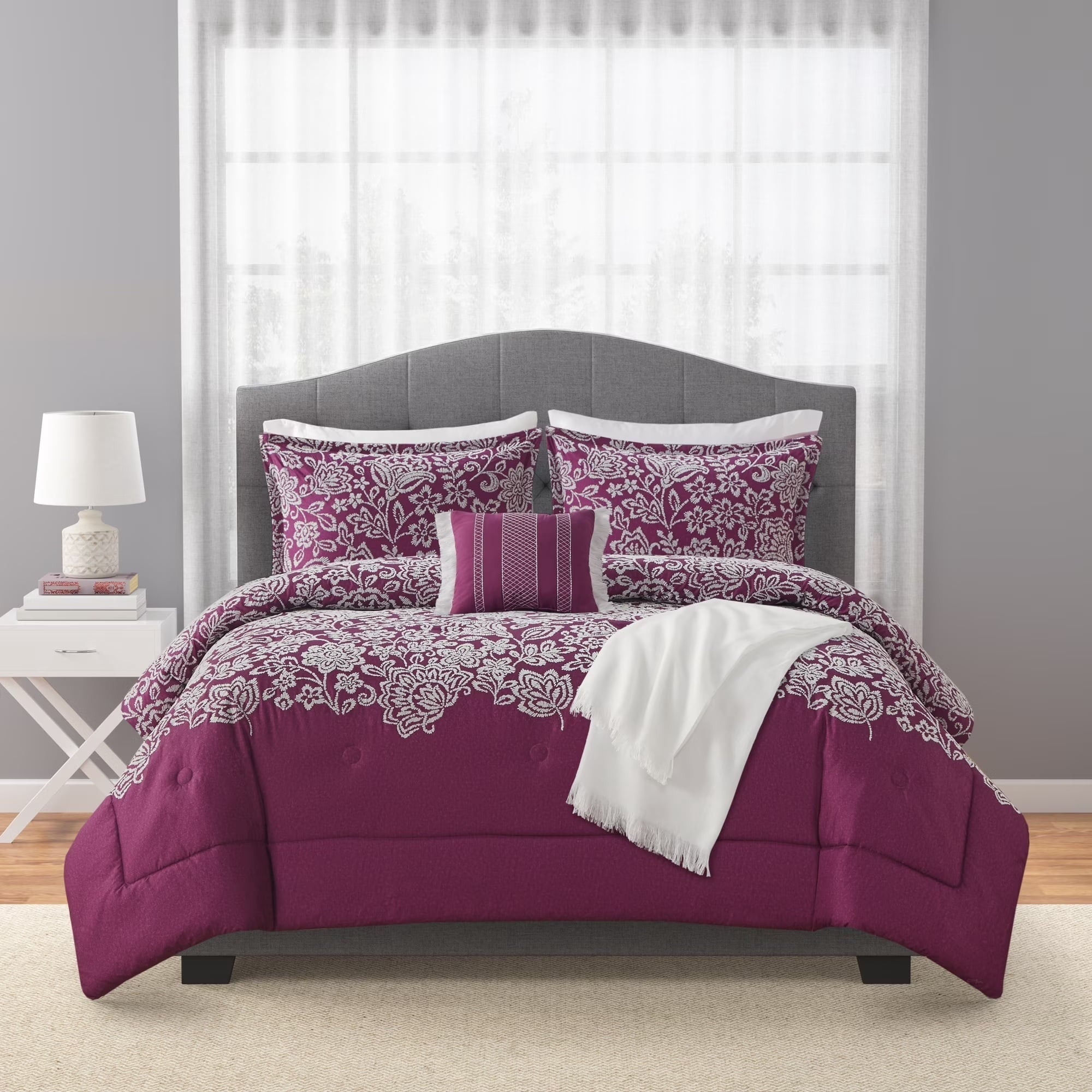 Heavyweight Warmth 5-Piece Jacquard Comforter Set with Decor Pillow and Throw Purple Flocking Embroidery Bedding Set, Full/Queen - Luxurious Quilted Duvet Cover Set Detail