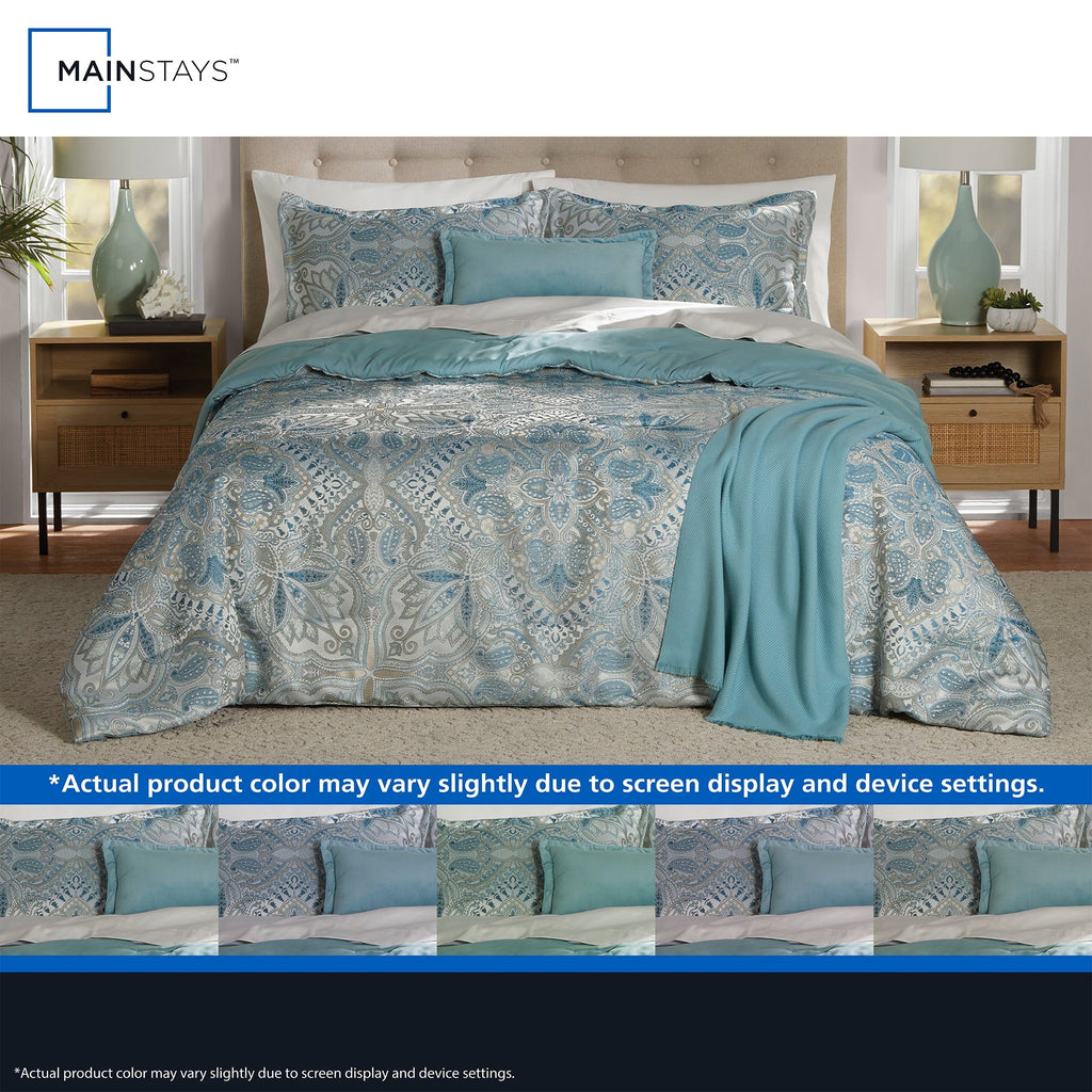 Luxurious Quilted Full/Queen Comforter Set, All-Season, 5-Piece, Teal Jacquard Medallion - Cloud-Like Soft Lightweight Bed Comforter Detail