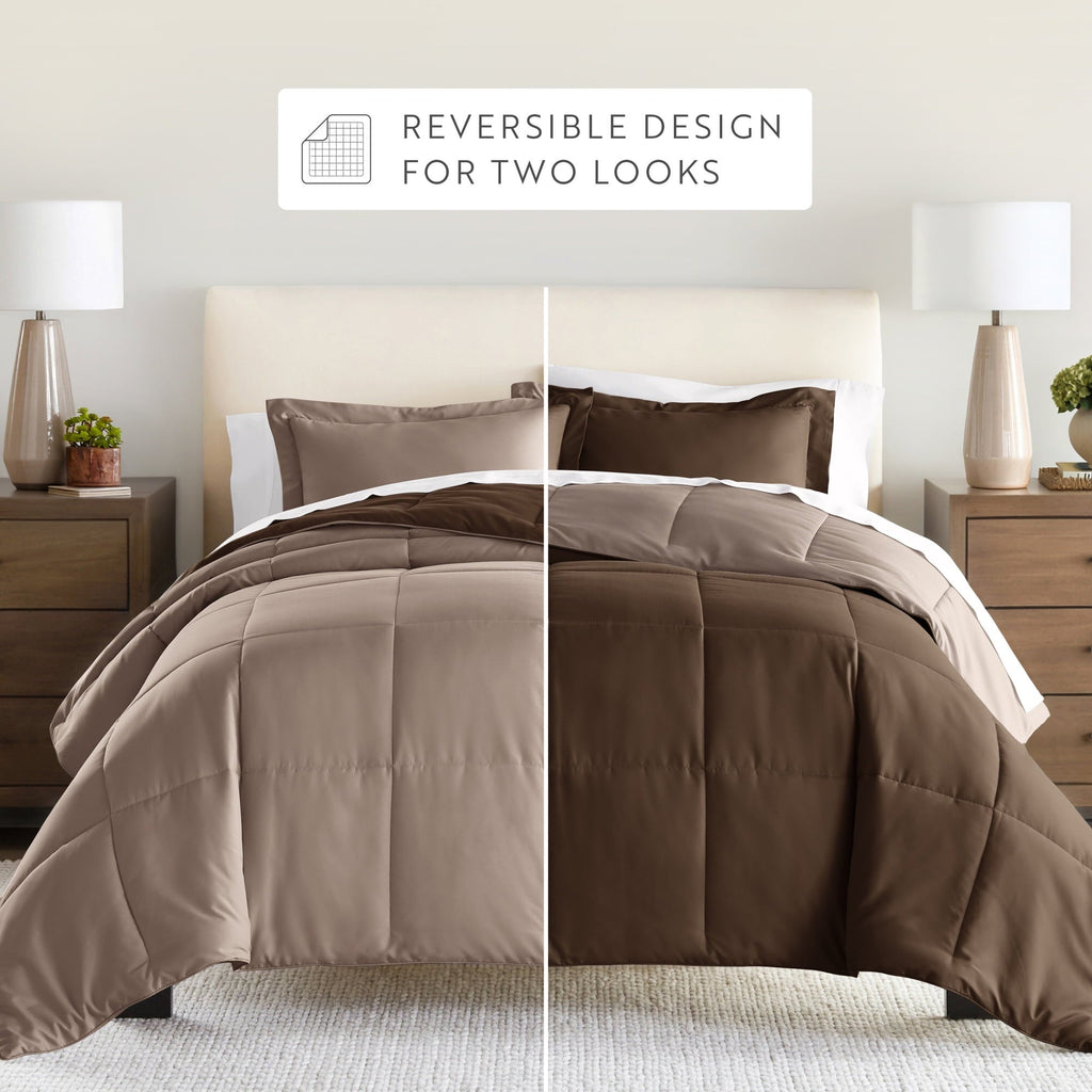 Hypoallergenic Cloud All Season Reversible Comforter Set Breathable Cool in Taupe & Chocolate Brown Full/Queen Size Bedding - Luxurious Quilted Duvet Cover Set Detail