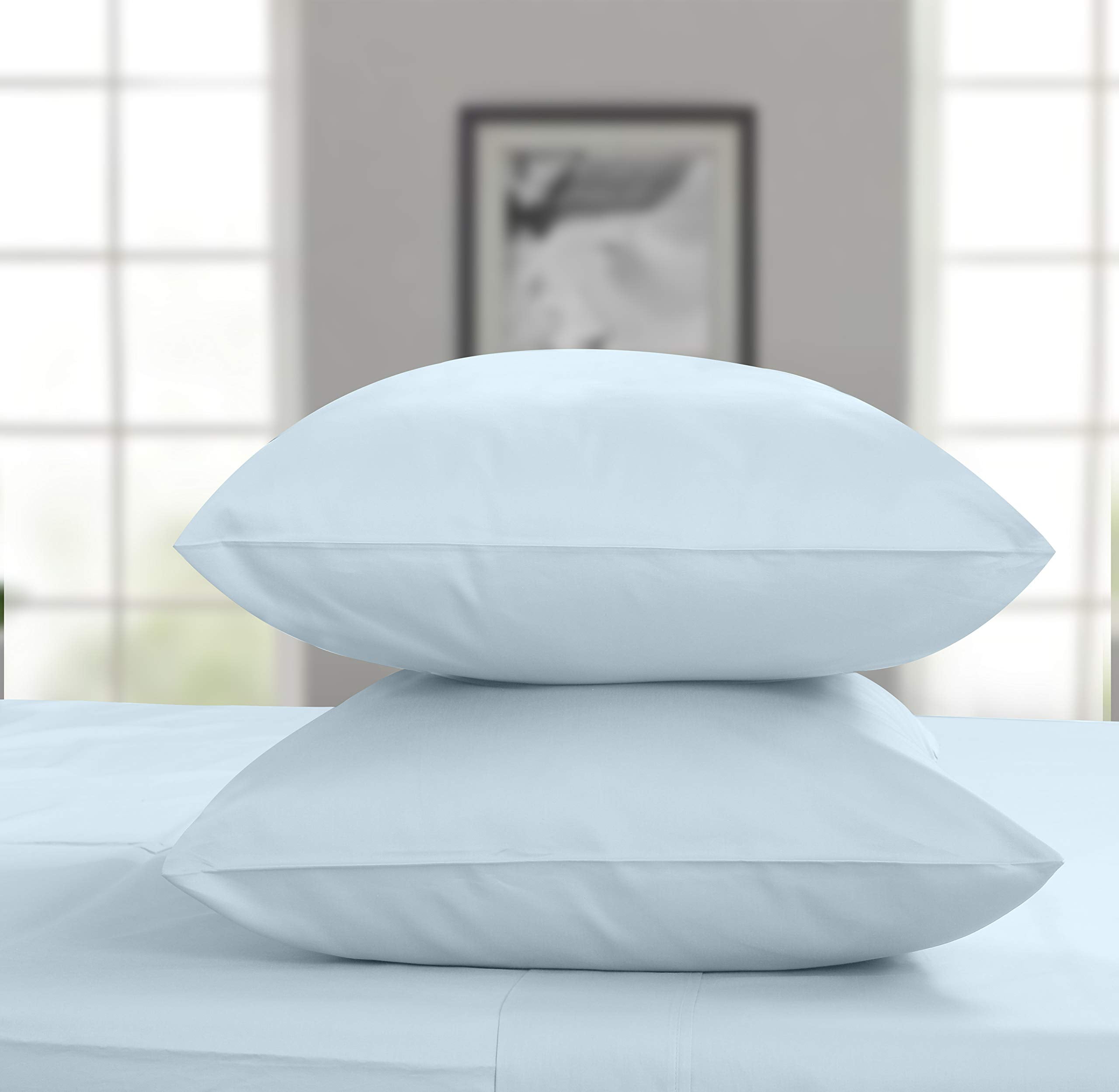 Ultra-Soft 100% Cotton King Bed Sheets Set - 4-Piece, 300 Thread Count, Lightweight Sateen, Light Blue - Breathable Egyptian Cotton Flat & Fitted Sheets Detail