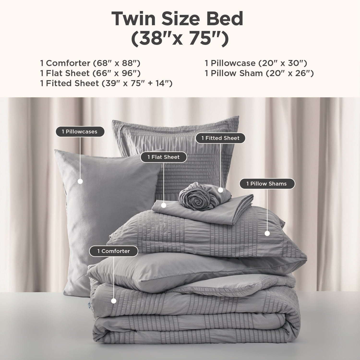 Fluffy Down Alternative Twin Comforter Sets 5 Pieces Stripes Seersucker Bedding Set, Bed in a Bag with Soft Comforter & Sheets, Pillowcase & ... - Hypoallergenic Ultra-Fluffy Quilt for Winter Detail