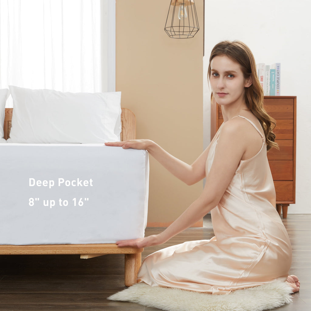 Cooling Sateen 100% Cotton Queen Size Fitted Sheet Only, 300 Thread Count White Fitted Bed Sheet with 22” Extra Deep Pocket, Soft & ... - Breathable Egyptian Cotton Flat & Fitted Sheets Detail