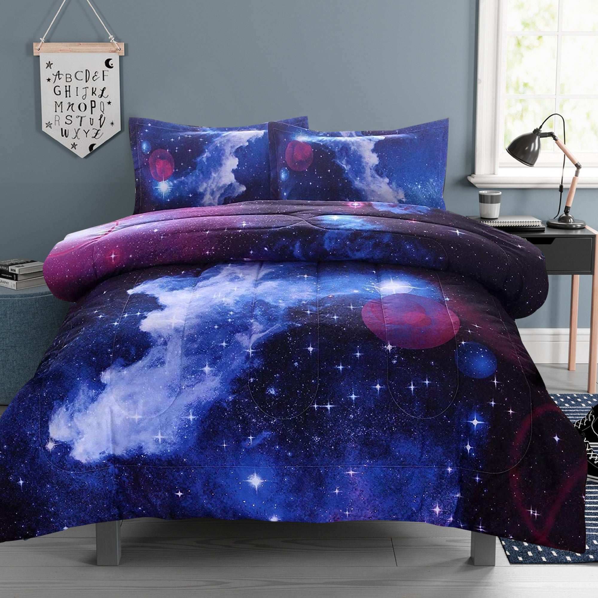 Fluffy Down Alternative Galaxy Bedding Sets Outer Space Comforter 3D Printed Space Quilt Set Full Size for Kids Blue - Hypoallergenic Ultra-Fluffy Quilt for Winter Detail