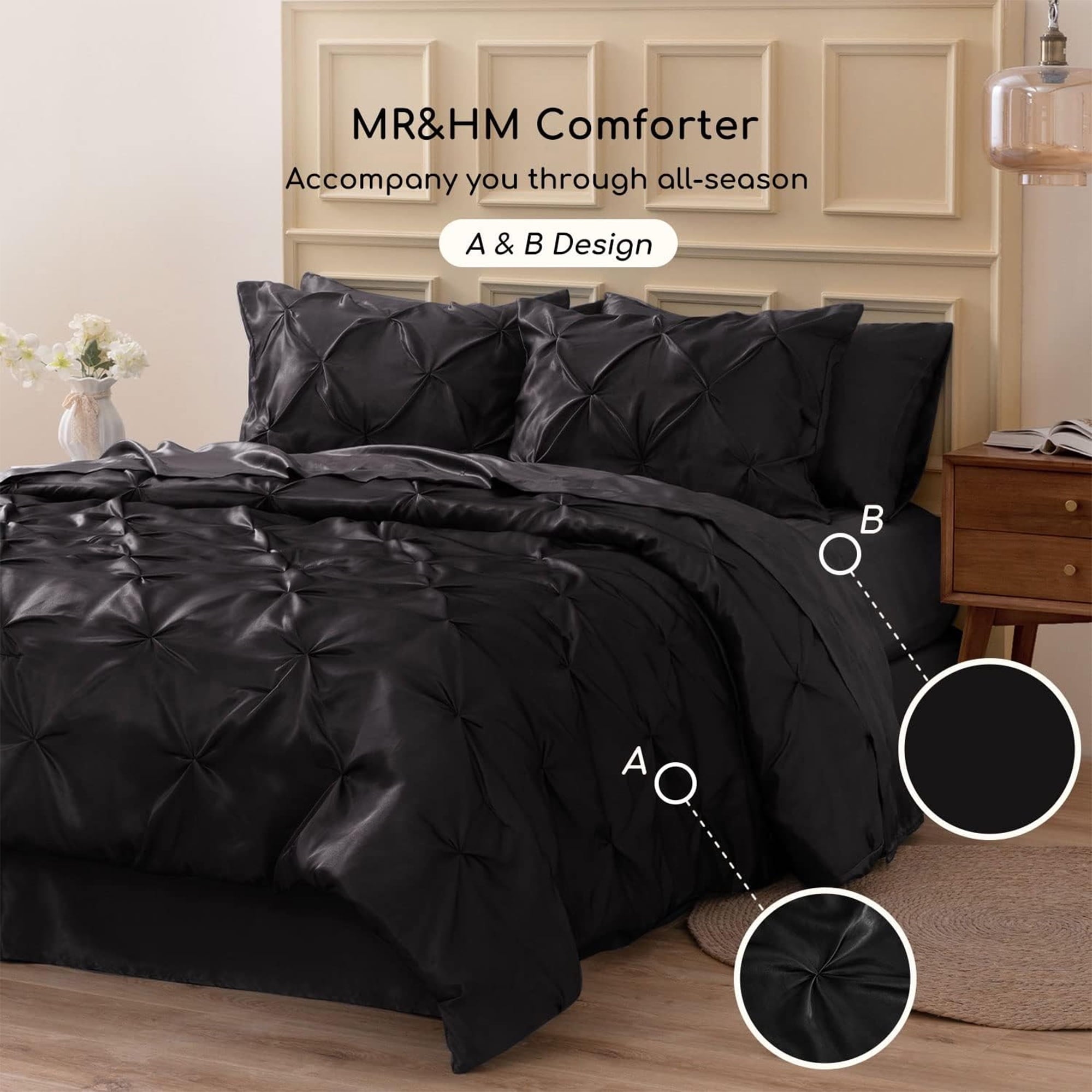 Hypoallergenic Cloud Satin Comforter Set 7 Pieces Queen Size - Luxurious Pinch Pleat Bed in a Bag with Satin Comforter, Satin Sheets, Sati... - Hypoallergenic Ultra-Fluffy Quilt for Winter Detail