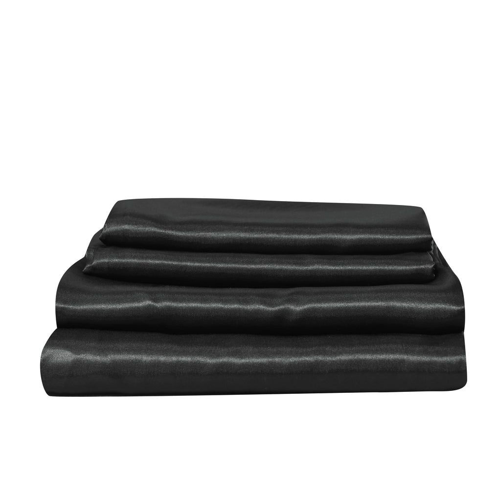 Premium Egyptian Cotton Satin Sheets Full Black Luxury Silky Bed Sheets 1800 Microfiber Sheet Set 4 Pcs - Luxury Bed Sheet Set with Deep Pockets Detail