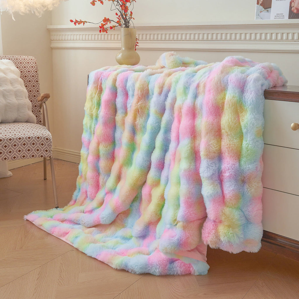 Decorative Knitted Fluffy Faux Rabbit Fur Bubble Throw, Rainbow Plush Shaggy Blanket for Couch Sofa Chair, Soft Tie Dye Furry Blanket Ad... - Lightweight Plush Warm Blanket for All Seasons Detail