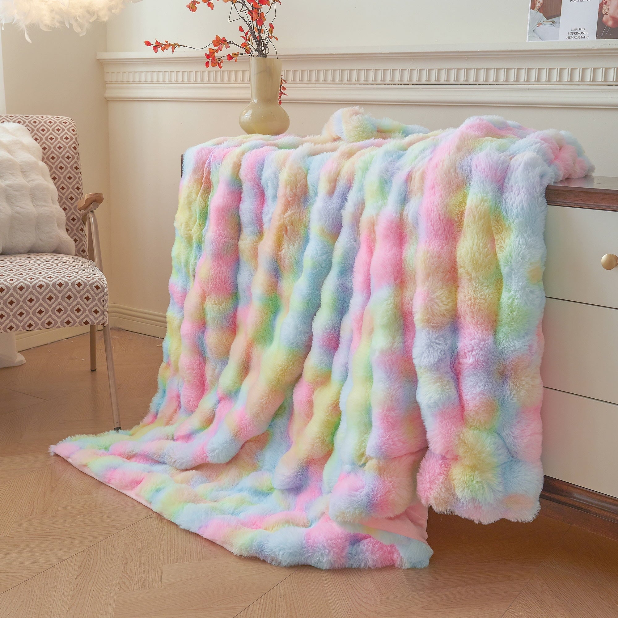 Decorative Knitted Fluffy Faux Rabbit Fur Bubble Throw, Rainbow Plush Shaggy Blanket for Couch Sofa Chair, Soft Tie Dye Furry Blanket Ad... - Lightweight Plush Warm Blanket for All Seasons Detail