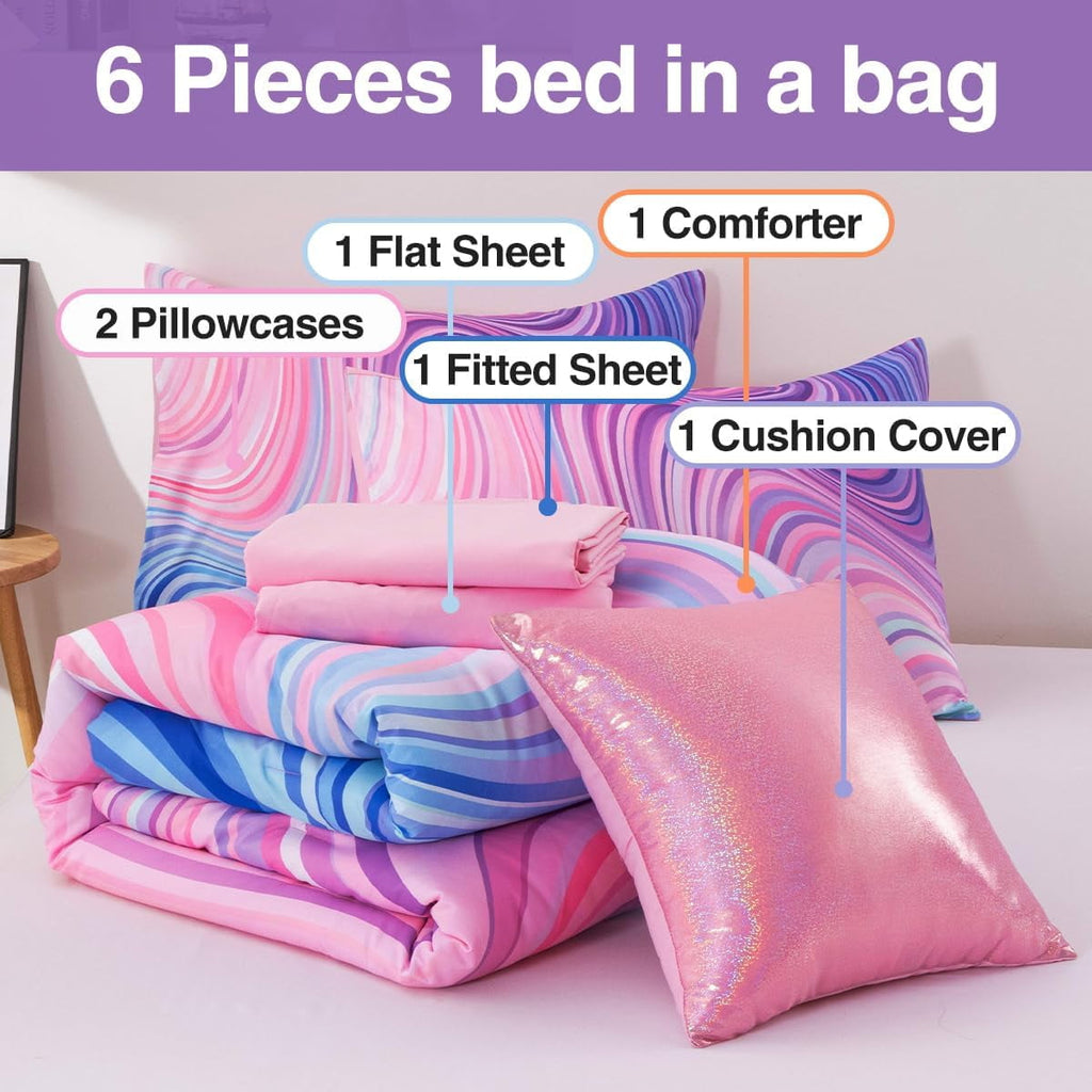 All-Season 6 Pieces Gradient Star Ring Comforter Set, Colorful Glitter Rainbow Wave Stripes Pattern Bedding Set for Boys Girls T... - Luxurious Quilted Duvet Cover Set Detail