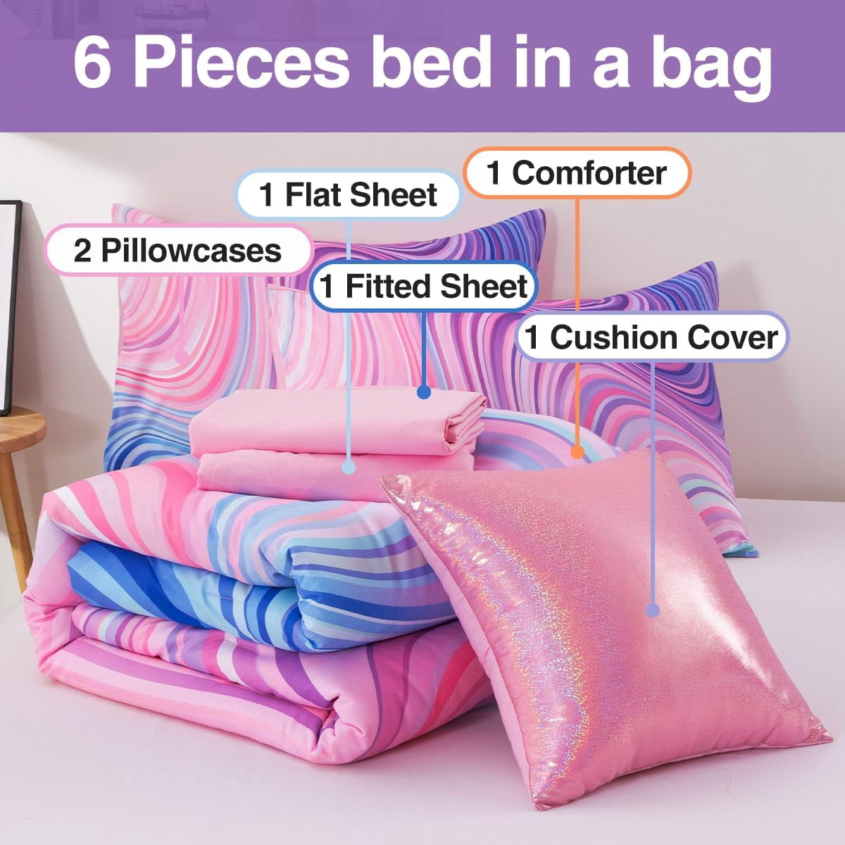 All-Season 6 Pieces Gradient Star Ring Comforter Set, Colorful Glitter Rainbow Wave Stripes Pattern Bedding Set for Boys Girls T... - Luxurious Quilted Duvet Cover Set Detail