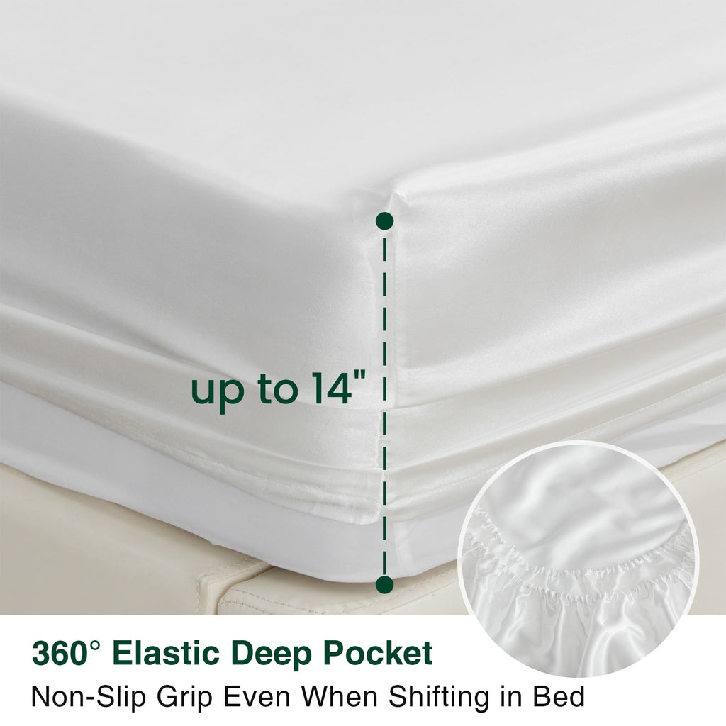 Ultra-Soft Satin Sheets Full Sheet Set Deep Pocket Luxury Silky Bed Sheets for Hair and Skin 4 Pieces, White - Premium Ultra-Soft Pillowcase Pair for Sleeping Detail