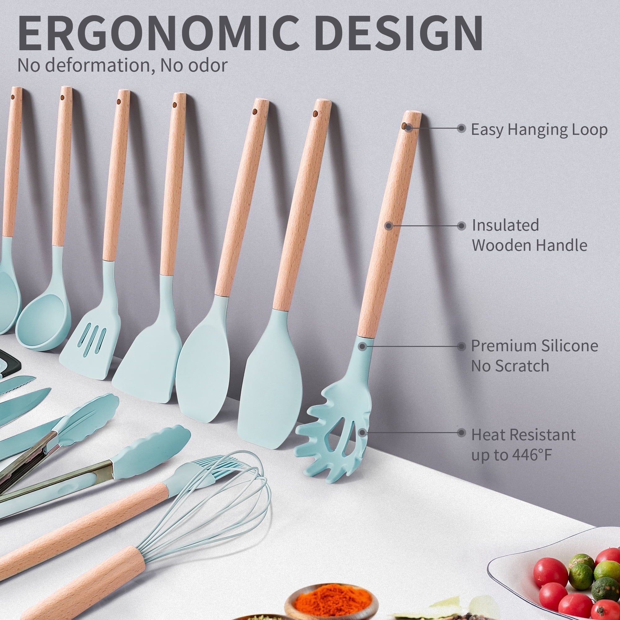 Seamless One-Piece Silicone Kitchen Cooking Utensils Set, 19 Pieces Utensil with Holder, Heat Resistant, Green - Durable Turner & Ladle Utensil Set for Home Chefs Detail