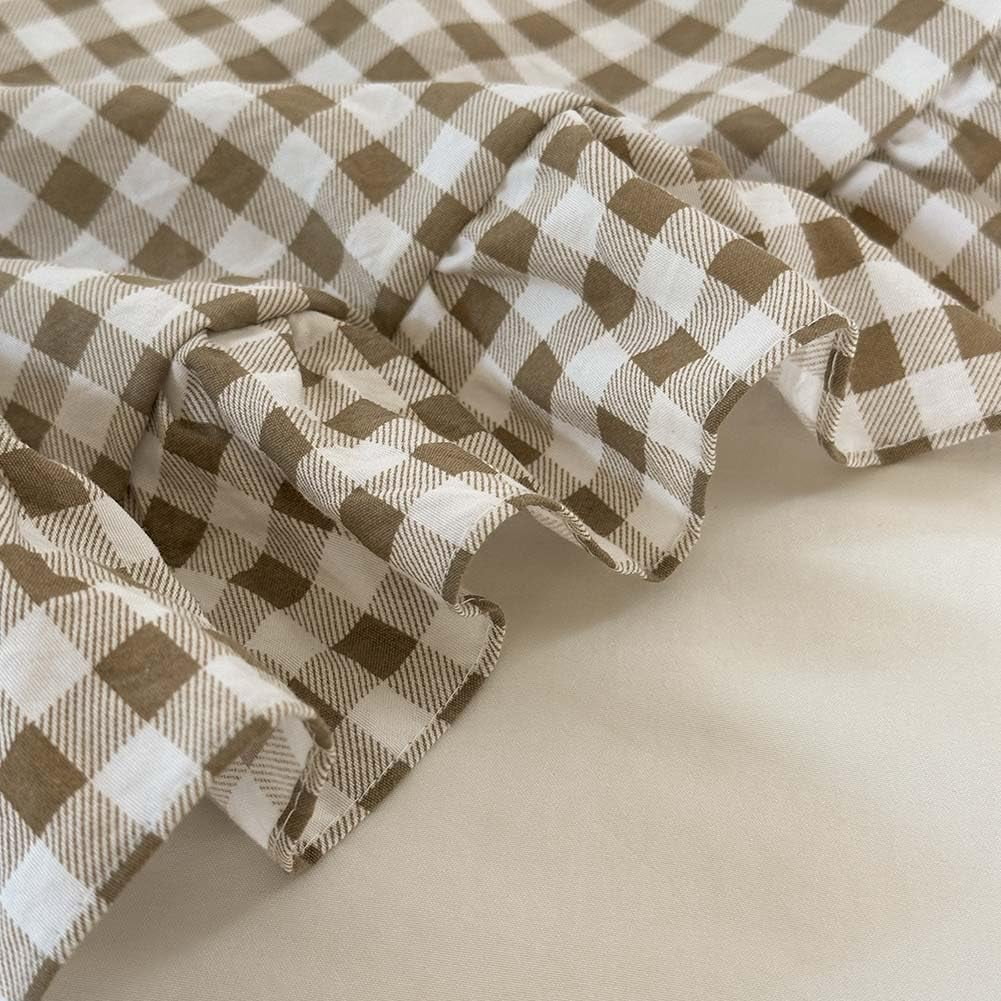 Luxurious Quilted Tan Gingham Ruffle Queen Comforter Set, Taupe Ruffled Plaid Bedding Set, Ruffled Checked Bed Comforter 3 Pieces(Tan G... - Hypoallergenic Ultra-Fluffy Quilt for Winter Detail
