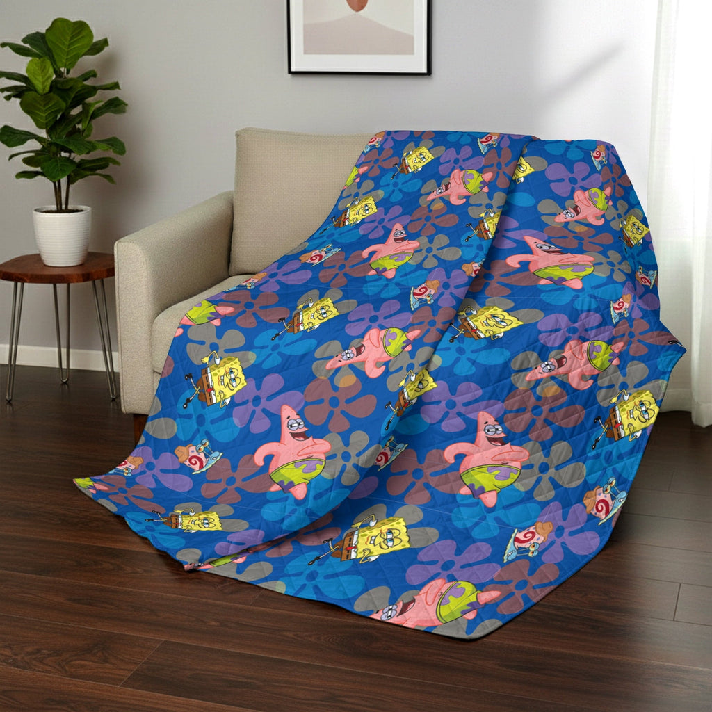 Reversible Sherpa Spongebob Tropical Waltz Quilted Throw Blanket 60x80 inches, Kids Character Bedding - Luxury Knitted Decorative Throw Blanket with Fringes Detail