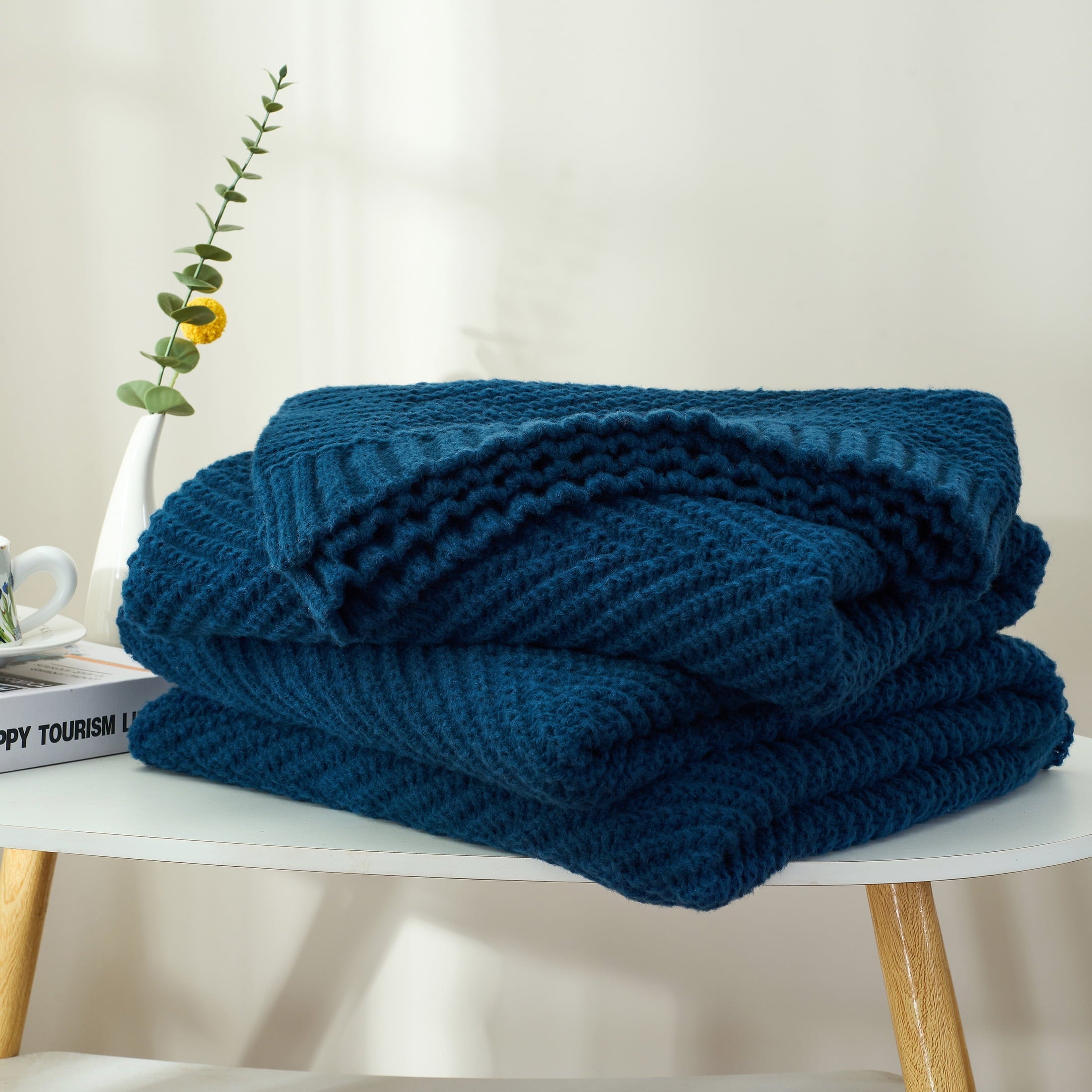 Lightweight Warm Soft Knitted Throw Blanket 50" x 60" Navy Blue, Boho Chevron Farmhouse Throw for Bed Couch - Super Soft Reversible Sherpa Flannel Blanket Detail