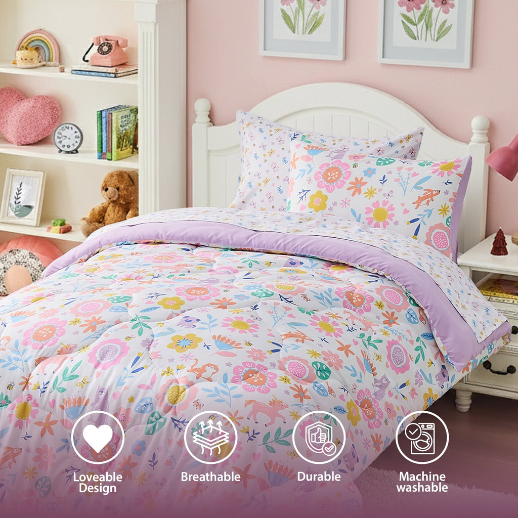 Luxurious Quilted Floral Comforter Set, Soft Microfiber Flower Bedding Set, 5 Pieces with Comforter, Sheets and Pillowcases, Twin - All-Season Down Alternative Comforter Insert Detail