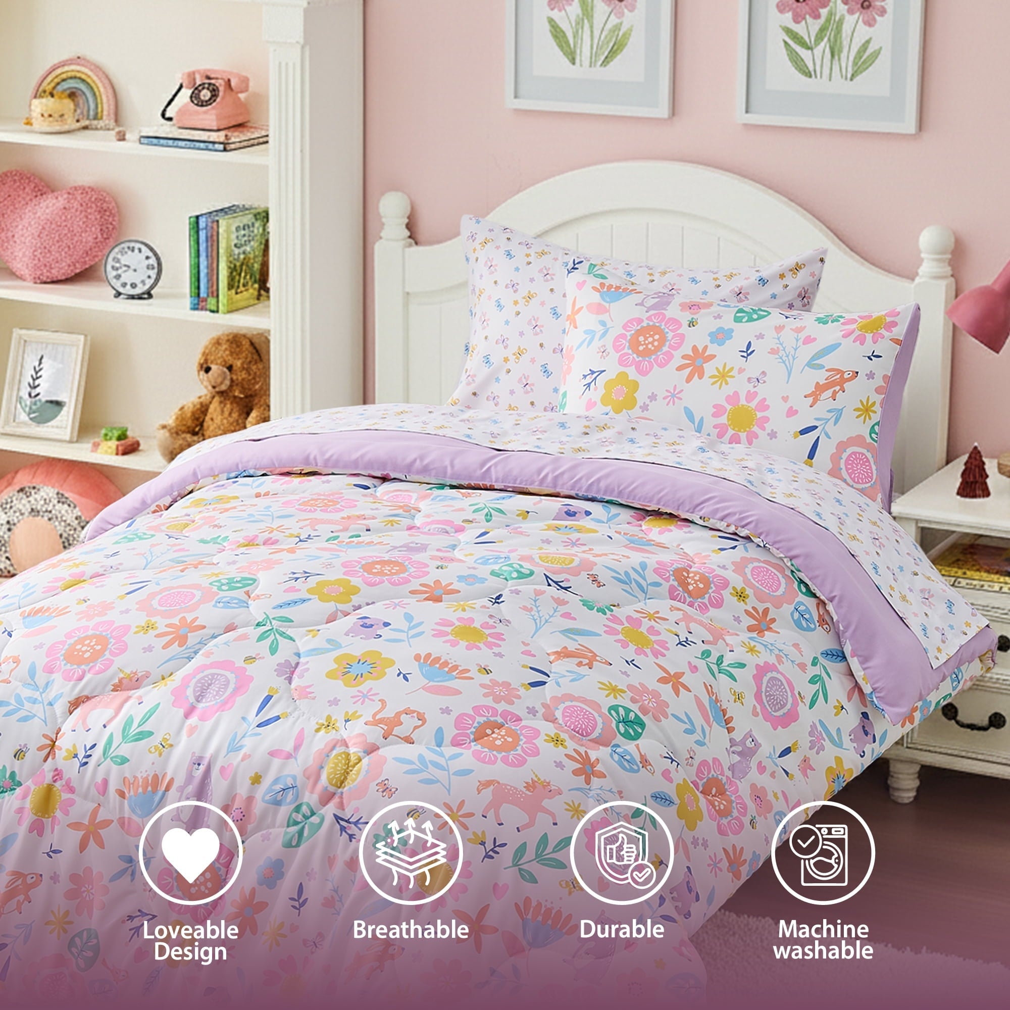 Luxurious Quilted Floral Comforter Set, Soft Microfiber Flower Bedding Set, 5 Pieces with Comforter, Sheets and Pillowcases, Twin - All-Season Down Alternative Comforter Insert Detail