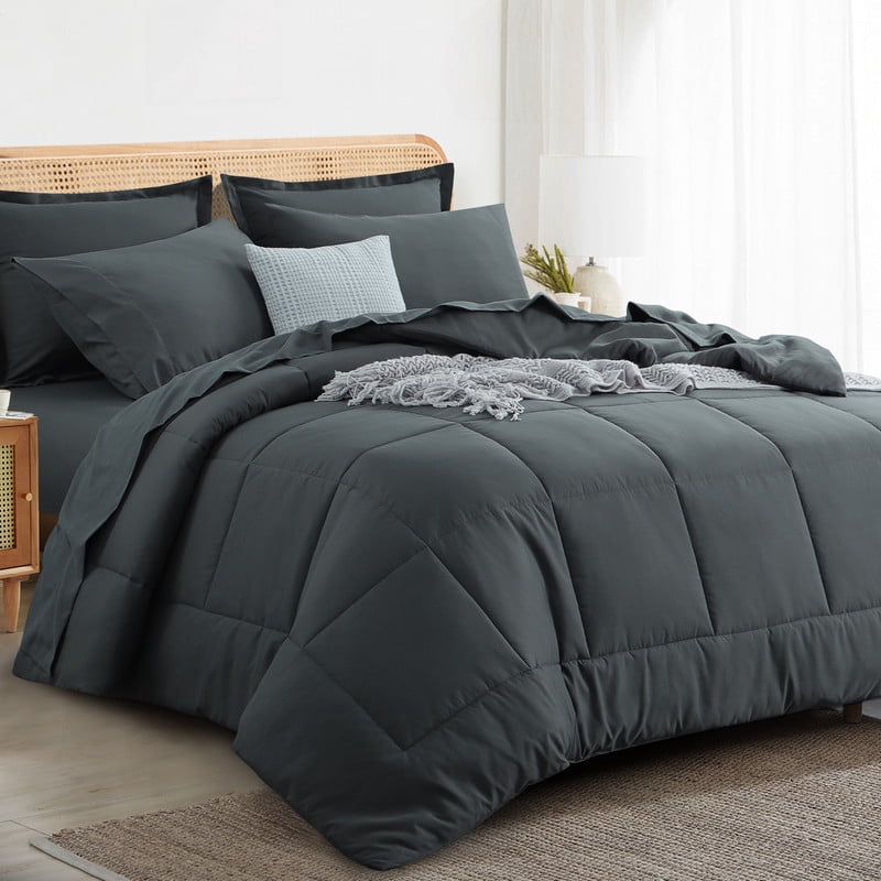 Hypoallergenic Cloud 7 Pieces Comforter Set with Sheets - Bed in a Bag with Comforter and All Season Sheets, Pillowcases,Dark Gray,Queen - Luxurious Quilted Duvet Cover Set Detail