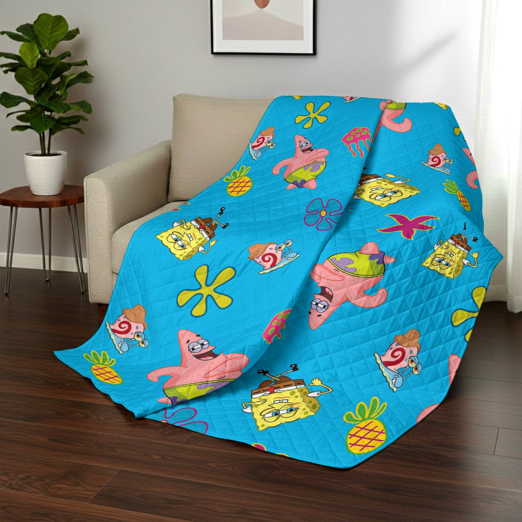 Reversible Sherpa Spongebob Tropical Waltz Quilted Throw Blanket 60x80 inches, Kids Character Bedding - Luxury Knitted Decorative Throw Blanket with Fringes Detail