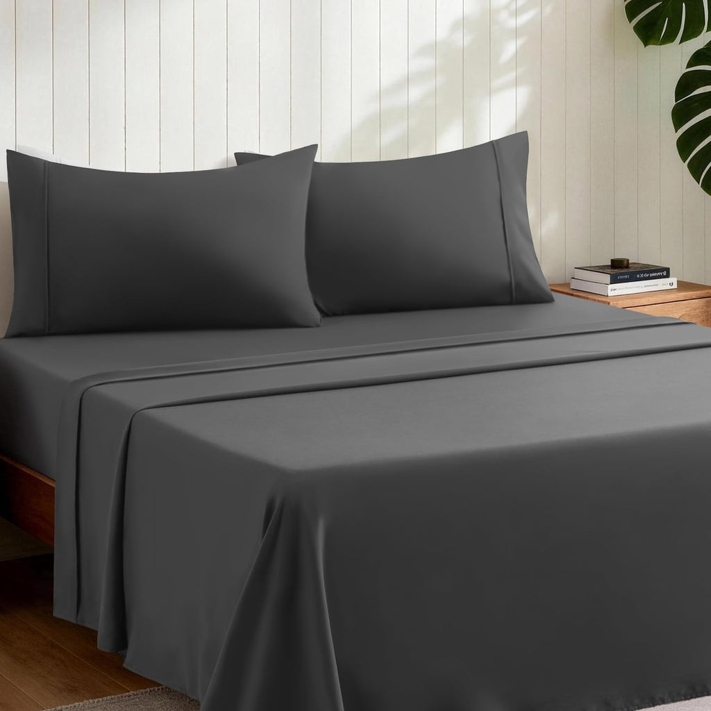 Cooling Sateen Sheets,Soft Hotel Luxury Polyester Washed Cotton,4 Piece Sheets Set,with 14" Deep Pocket,Dark Gray - Breathable Egyptian Cotton Flat & Fitted Sheets Detail
