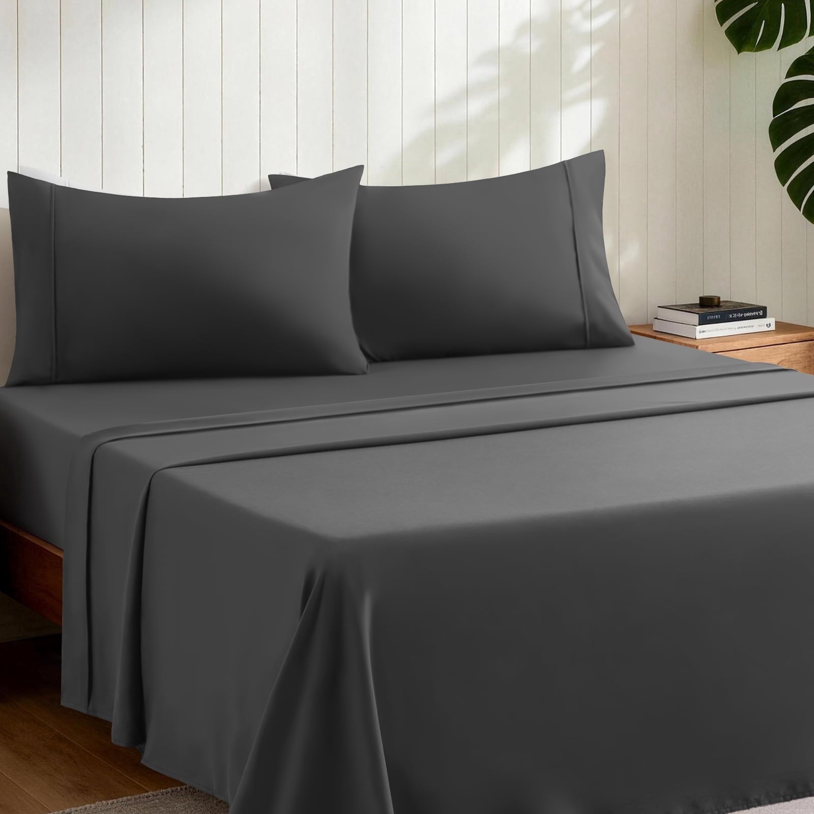 Cooling Sateen Sheets,Soft Hotel Luxury Polyester Washed Cotton,4 Piece Sheets Set,with 14" Deep Pocket,Dark Gray - Breathable Egyptian Cotton Flat & Fitted Sheets Detail