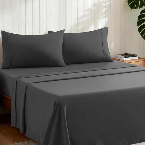 Cooling Sateen Sheets,Soft Hotel Luxury Polyester Washed Cotton,4 Piece Sheets Set,with 14" Deep Pocket,Dark Gray - Breathable Egyptian Cotton Flat & Fitted Sheets Detail
