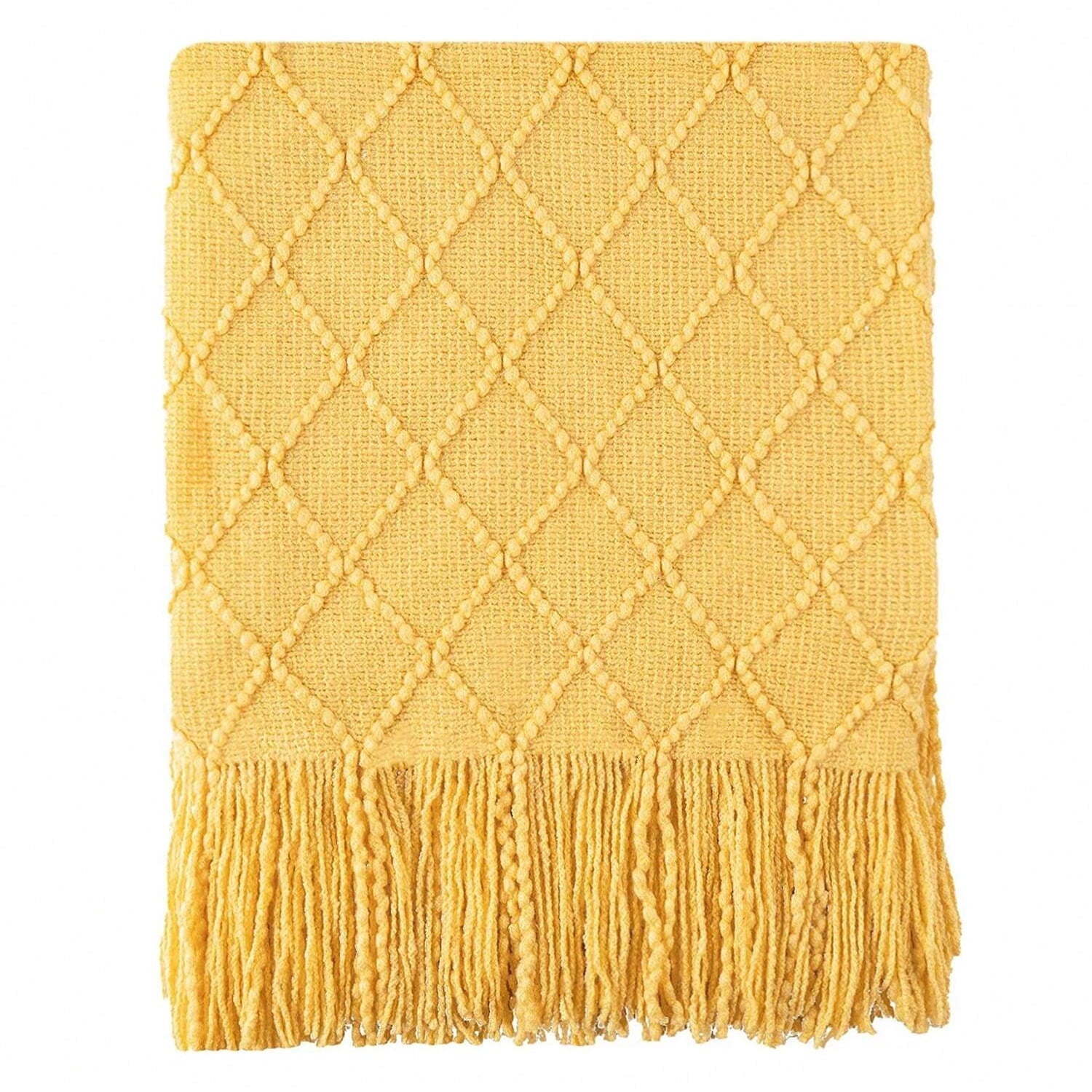 Reversible Sherpa Mustard Throw Blanket for Couch,Gold Yellow Knit Throw with Fringe,Outdoor Throw ,50"x60" - Luxury Knitted Decorative Throw Blanket with Fringes Detail