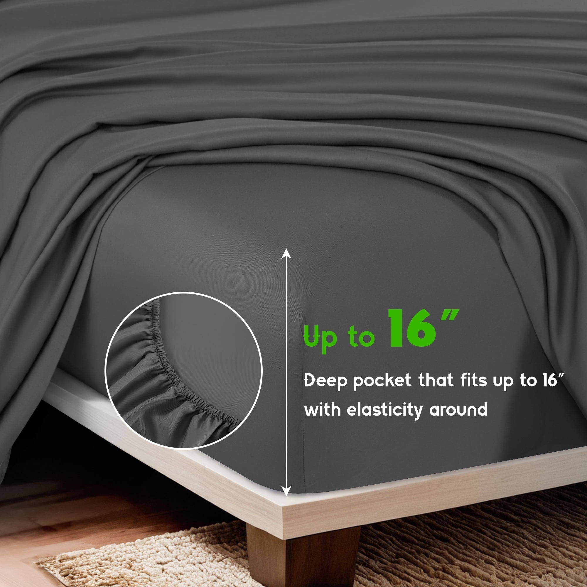 Premium Egyptian Cotton Luxury Bamboo Bed Sheet Set - Deep Pockets - 4 Piece, Queen, Dark Gray - Premium Ultra-Soft Pillowcase Pair for Sleeping Detail