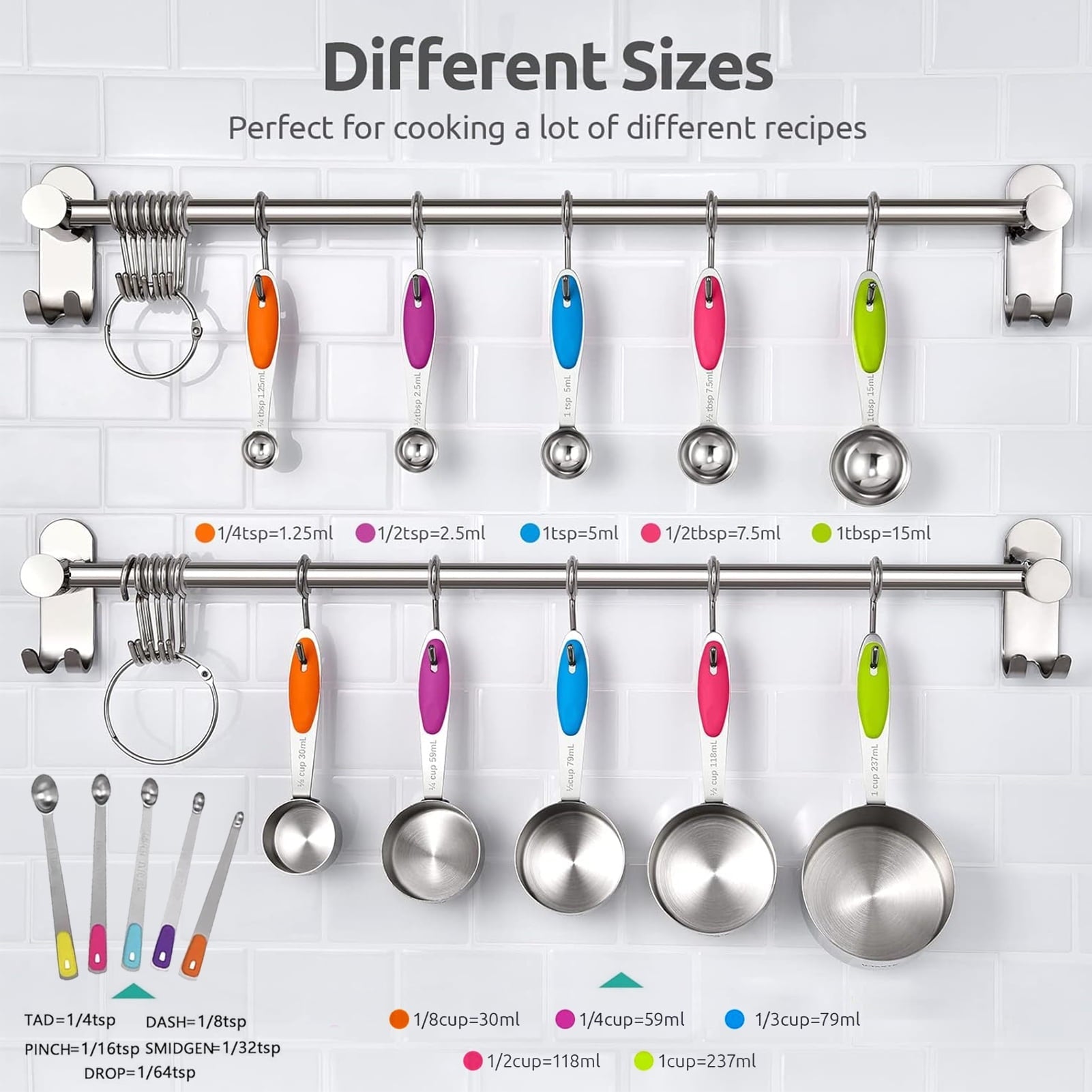 Durable Steel Stainless Steel Measuring Cups and Spoons Set of 15, 5 Stainless Steel Nesting Measuring Cups & 5 Spoons, 5 Mini Meas... - Professional Kitchen Tool for Culinary Enthusiasts Detail