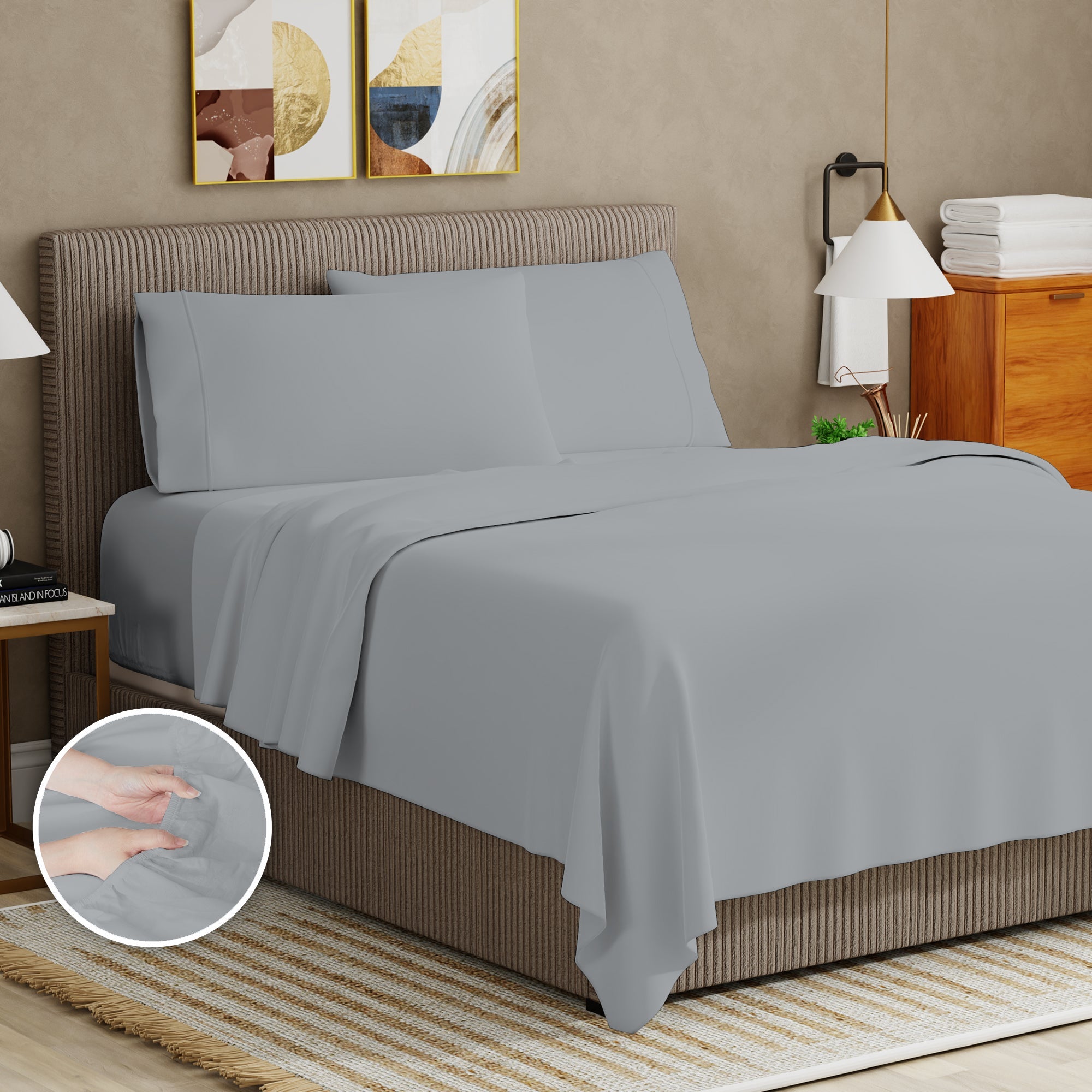 Breathable Luxury Soft Finish Microfiber Percale Queen Bed Sheet Set – 4-Piece Lightweight, Wrinkle-Resistant, Quick-Dry, Light Gray - Cooling Hotel Quality Bedding Sheets and Pillowcases Detail