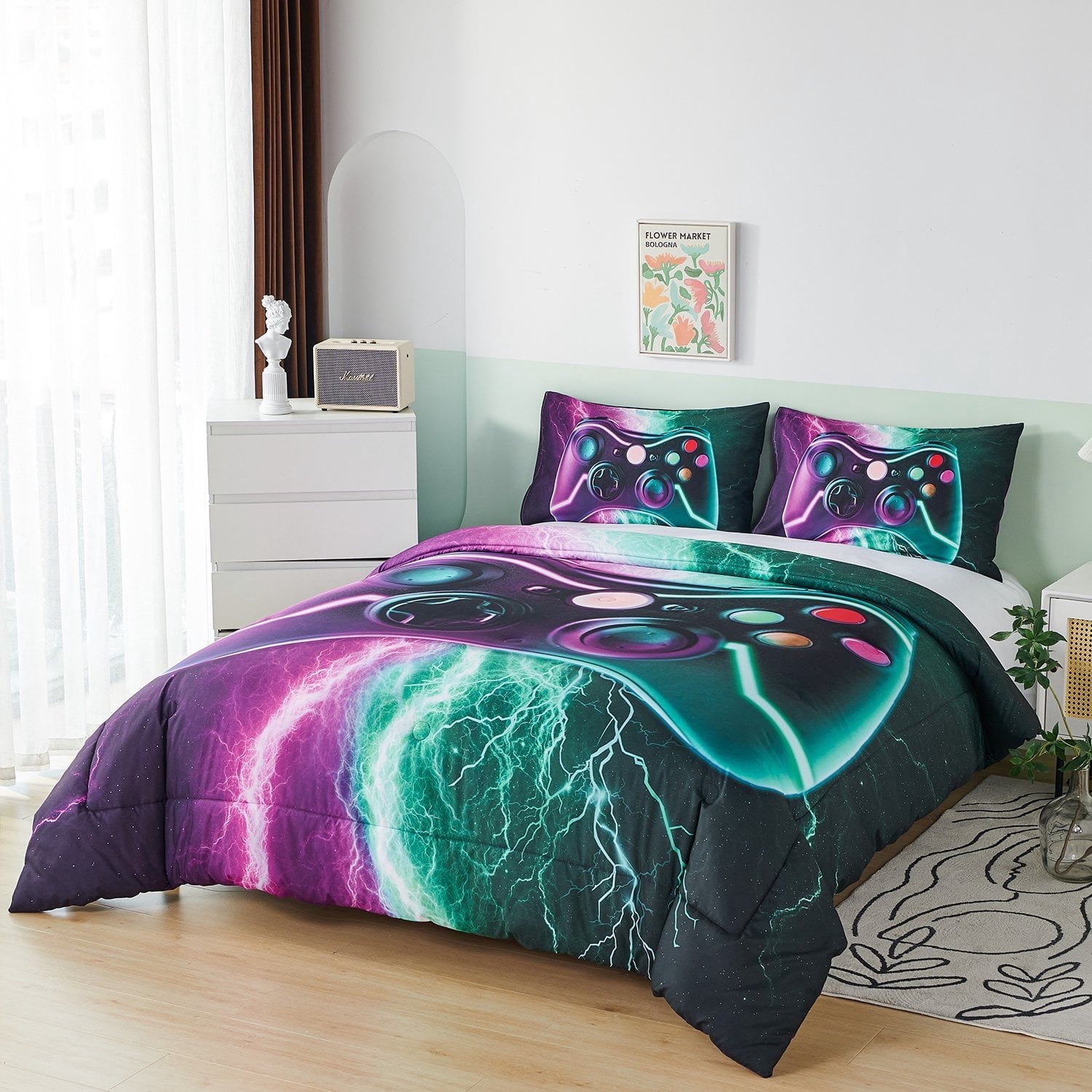 Luxurious Quilted Queen Size Gaming Comforter Set for Boys,3-Piece 3D Green Purple Lightning Game Controller Bedding Set for Kids Teens - Cloud-Like Soft Lightweight Bed Comforter Detail