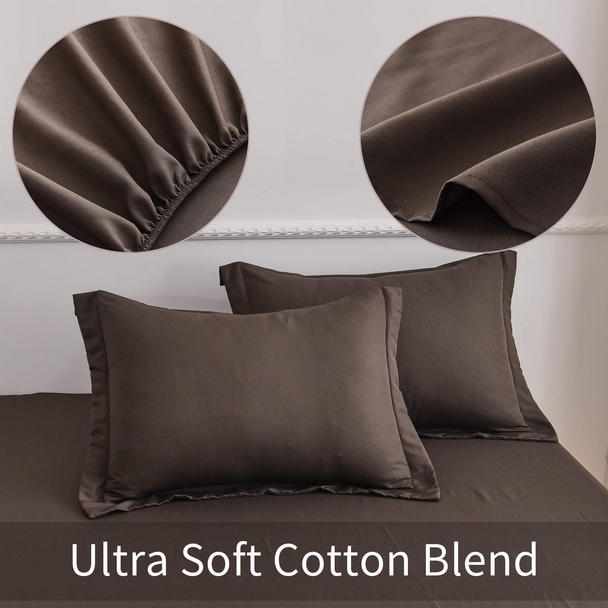 Ultra-Soft Bed Sheets Set 4 Piece Queen/Full Sheet Set Brown Gray Cotton Blend Fitted Sheet, Flat Sheet & 2 Pillowcases Bedding Set - Cooling Hotel Quality Bedding Sheets and Pillowcases Detail