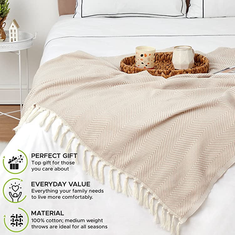 Super Soft Flannel Turkish Cotton Throw Blanket & Beach Towel, 60"x70" Boho Decorative Blanket for Couch, Bed, Sofa & Outdoor, Lightweig... - Luxury Knitted Decorative Throw Blanket with Fringes Detail