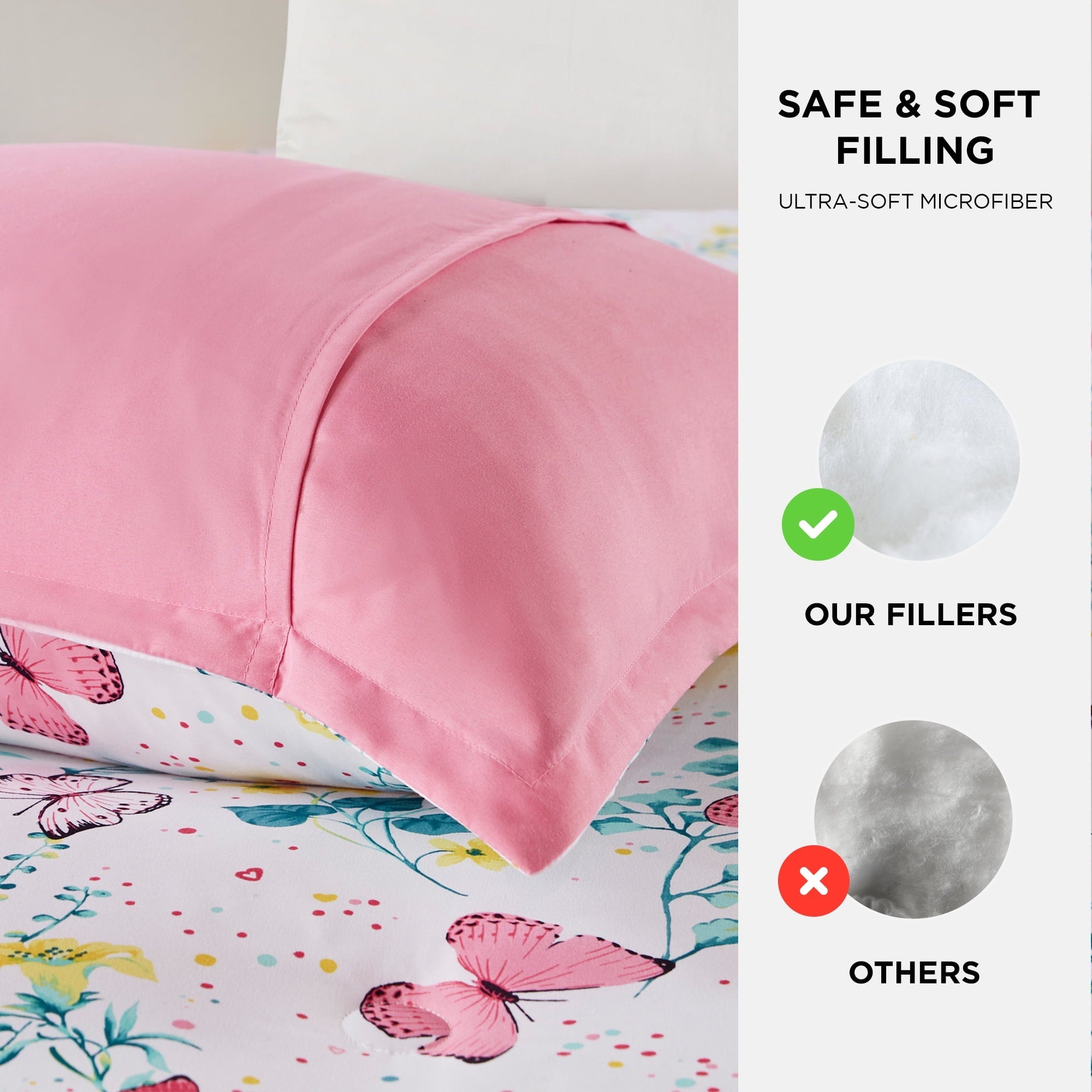 All-Season Full/Queen Size Comforter Sets, 4-Piece Kids Bedding Set for Girls, Butterfly Floral Comforter Bed Set, White/Pink - Cloud-Like Soft Lightweight Bed Comforter Detail