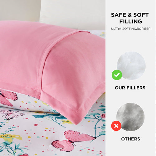 All-Season Full/Queen Size Comforter Sets, 4-Piece Kids Bedding Set for Girls, Butterfly Floral Comforter Bed Set, White/Pink - Cloud-Like Soft Lightweight Bed Comforter Detail