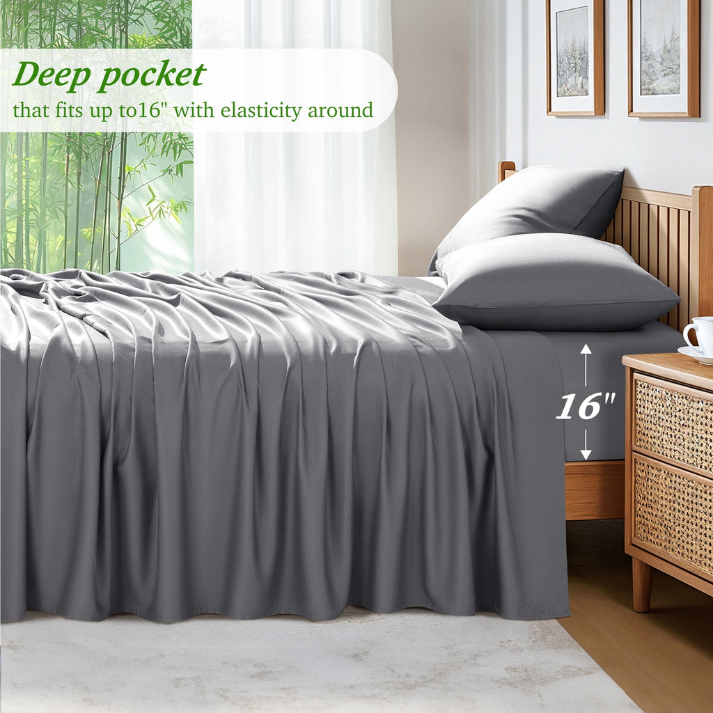 Wrinkle-Resistant Bamboo Queen Sheet Set, Luxury Soft 4 Pieces Bed Sheets with 18" Deep Pocket, Gray - Breathable Egyptian Cotton Flat & Fitted Sheets Detail
