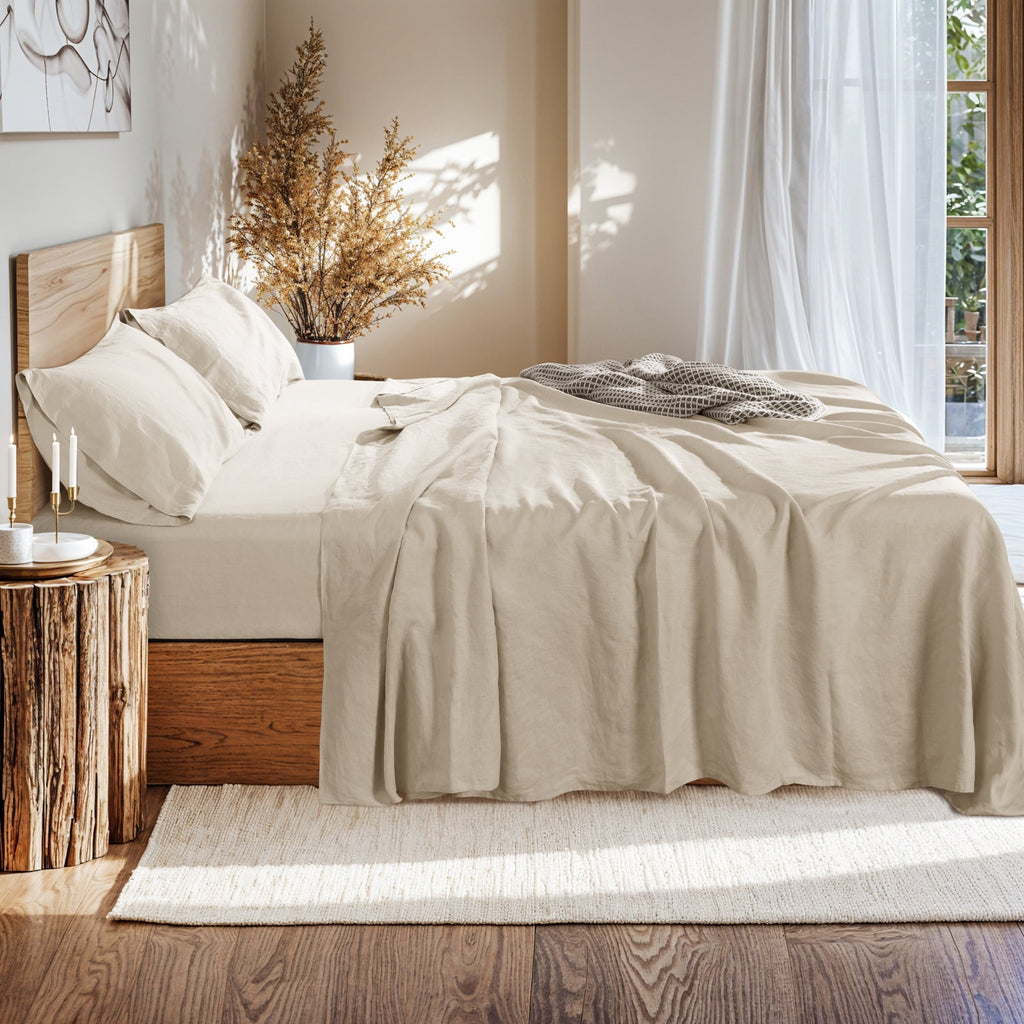 Wrinkle-Resistant Natural Linen Cotton Bed Sheets Set, Deep Pocket - Breathable - Durable - 4 Pieces (Linen, Queen) - Cooling Hotel Quality Bedding Sheets and Pillowcases Detail